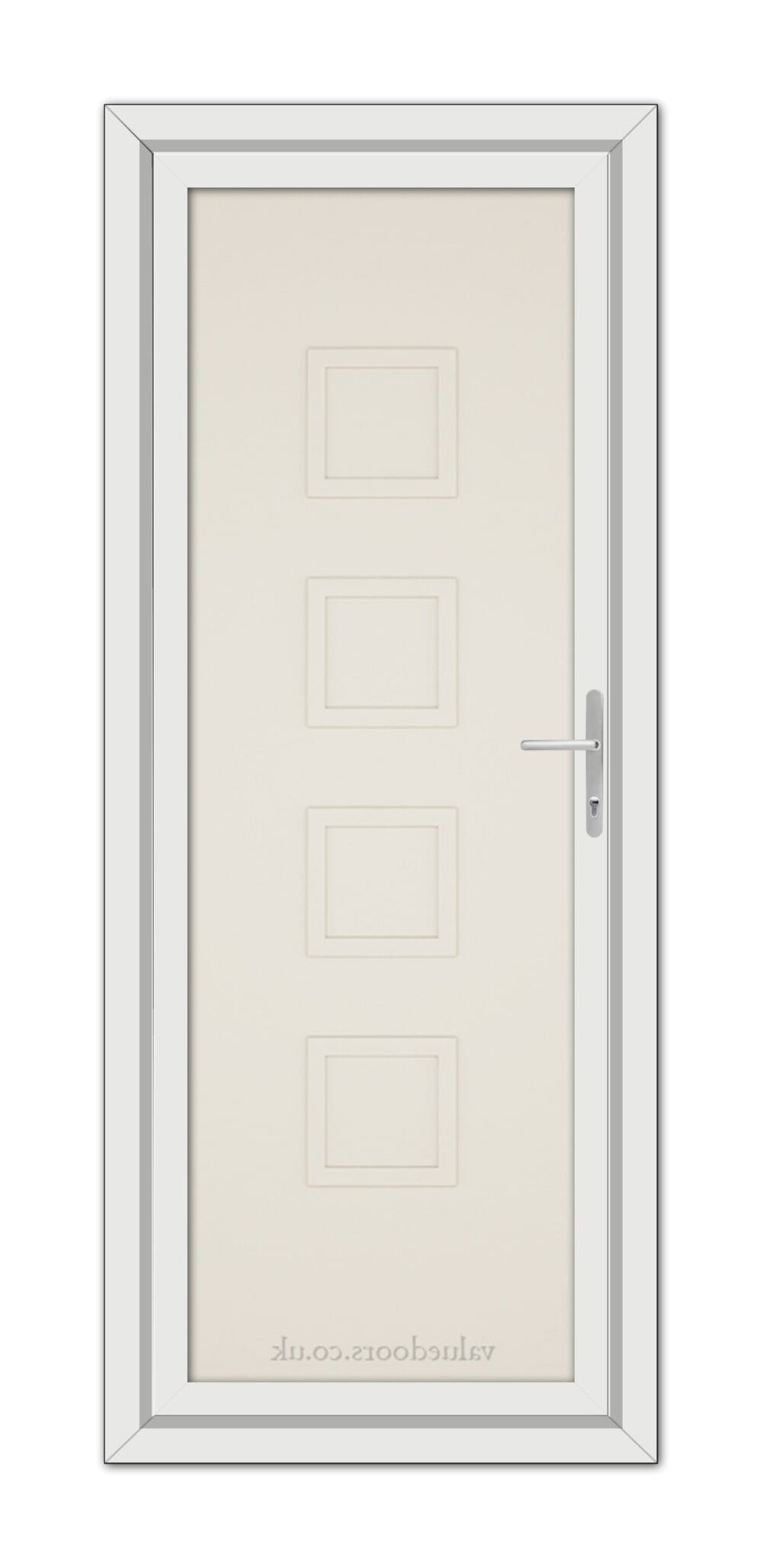 A vertical image of a Cream Modern 5034 Solid uPVC Door with a silver frame, featuring a white handle and four symmetrical square panels.