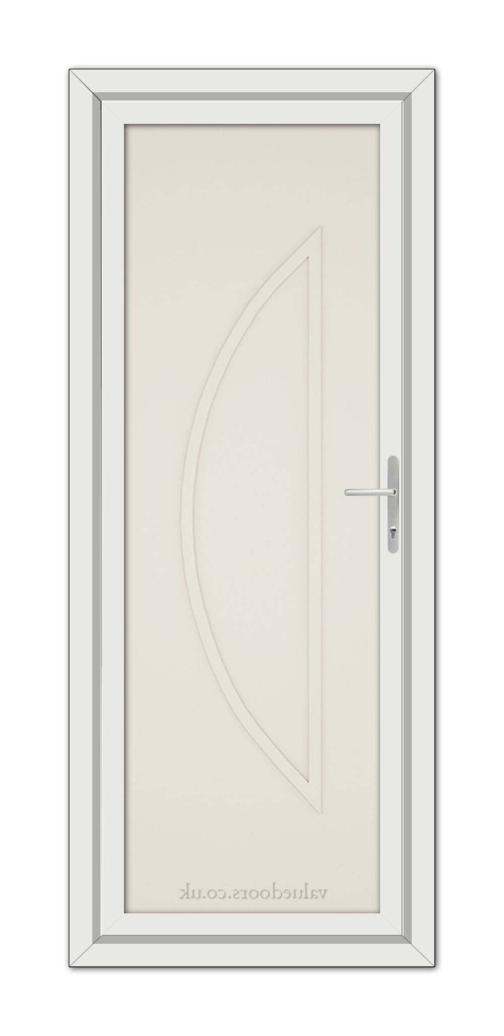 A vertical image of a Cream Modern 5051 Solid uPVC Door with a semi-circular raised panel design and a metallic handle, set within a white frame.