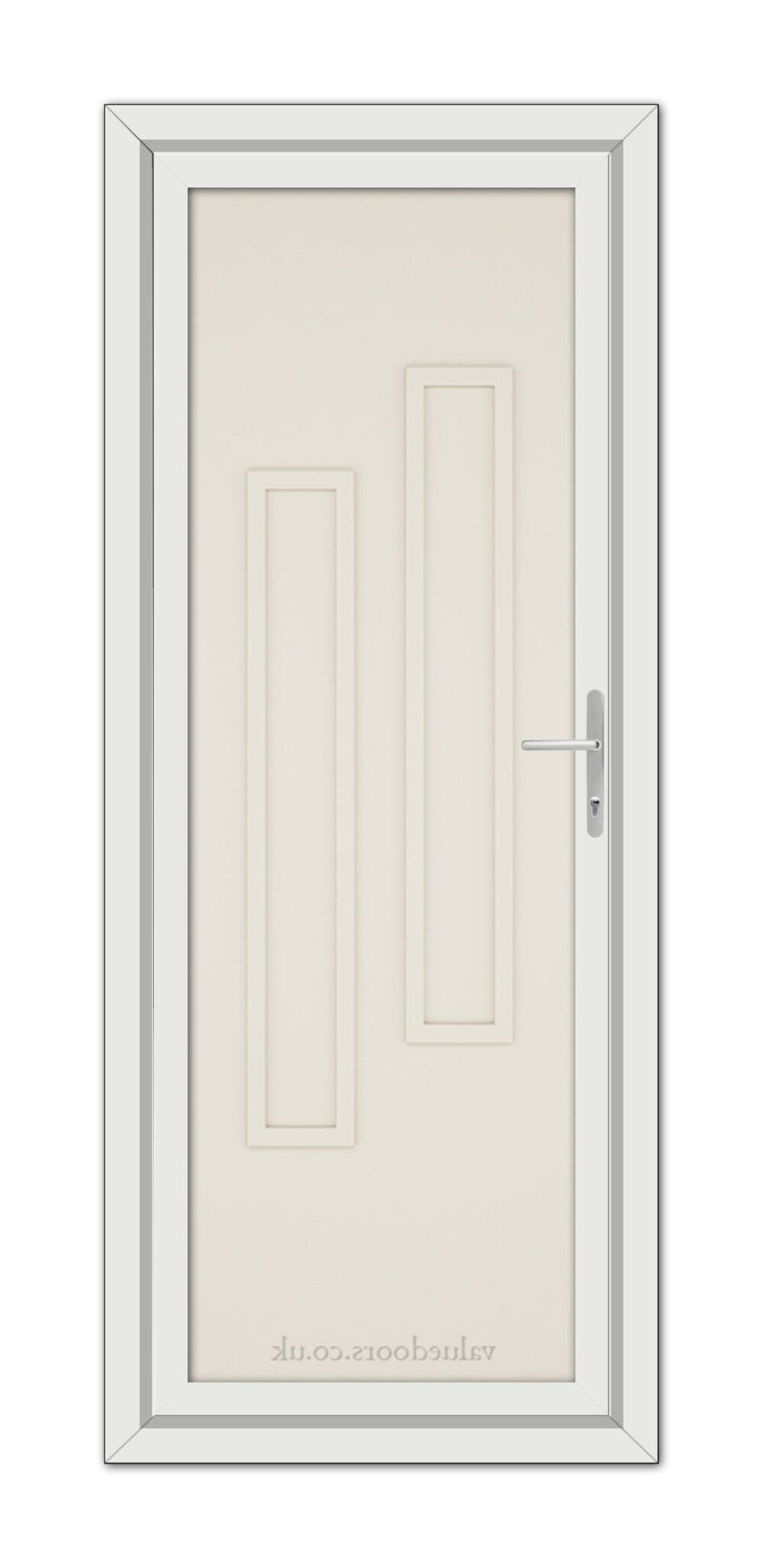 A vertical image of a closed, Cream Modern 5082 Solid uPVC Door with two rectangular panels and a metallic handle, set within a grey door frame.