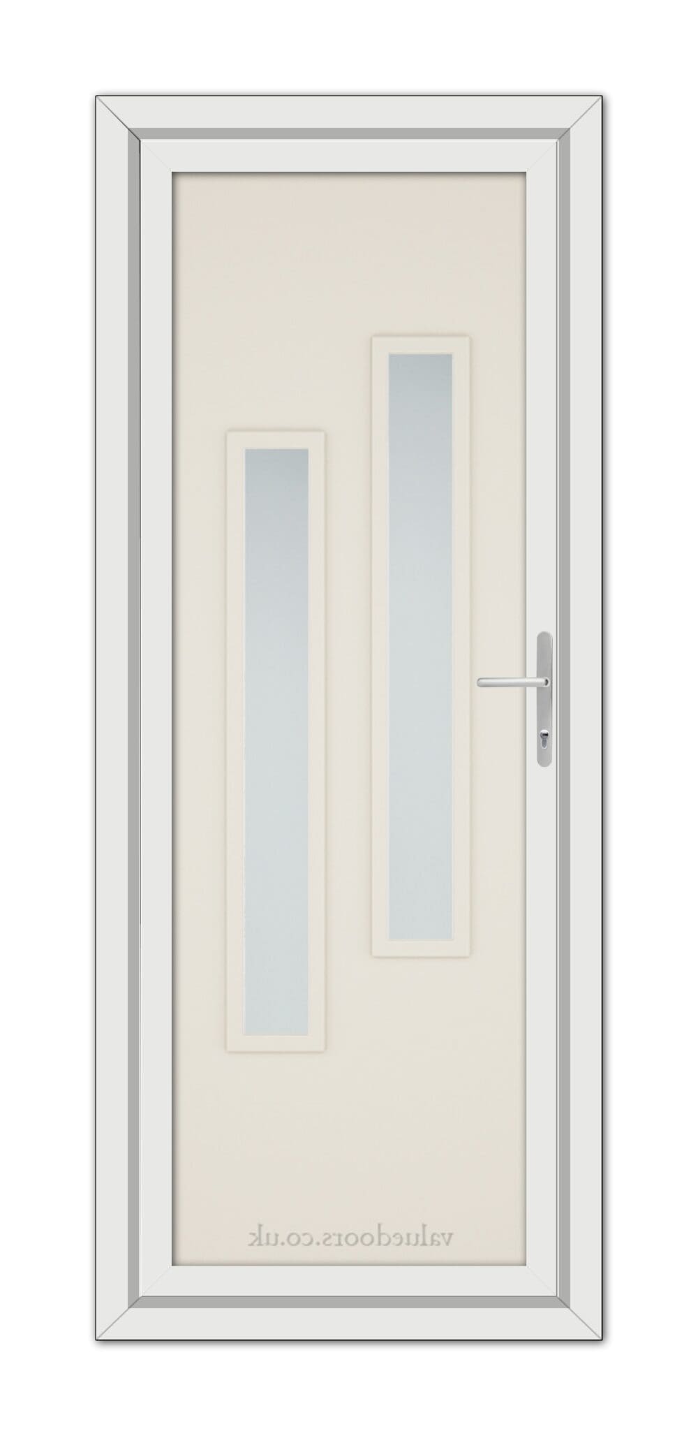 A Cream Modern 5082 uPVC door with a vertical handle and two narrow frosted glass panels, isolated on a white background.