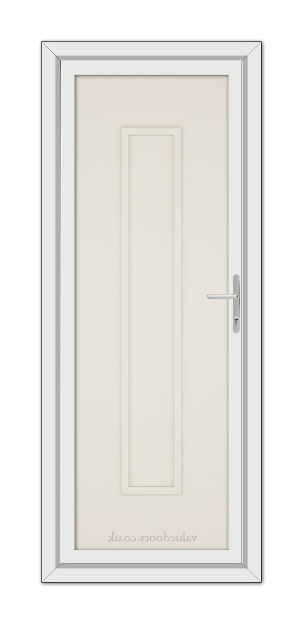 A vertical image of a closed, Cream Modern 5101 Solid uPVC Door with a silver handle, set within a white door frame. the door features a subtle rectangular design.