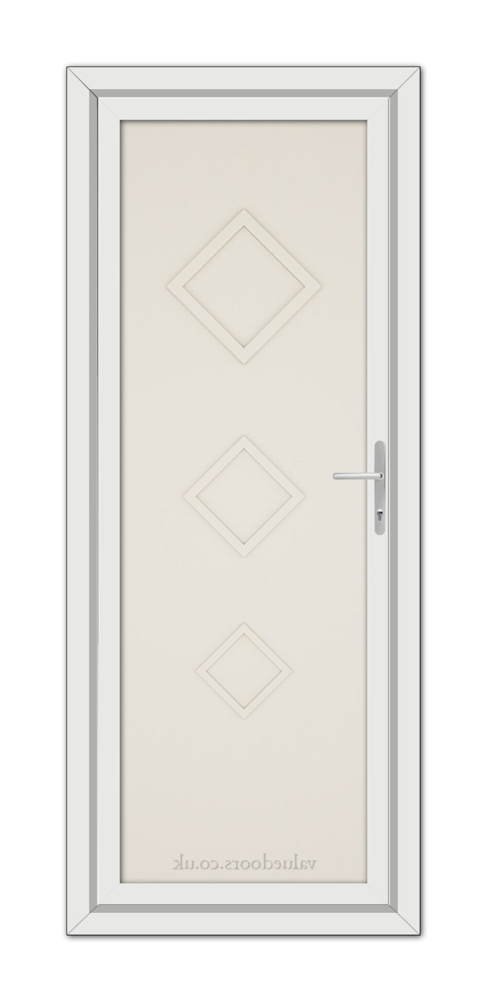 A vertical image of a closed, Cream Modern 5123 Solid uPVC Door with a beige frame, featuring two diamond-shaped panels and a metallic handle.