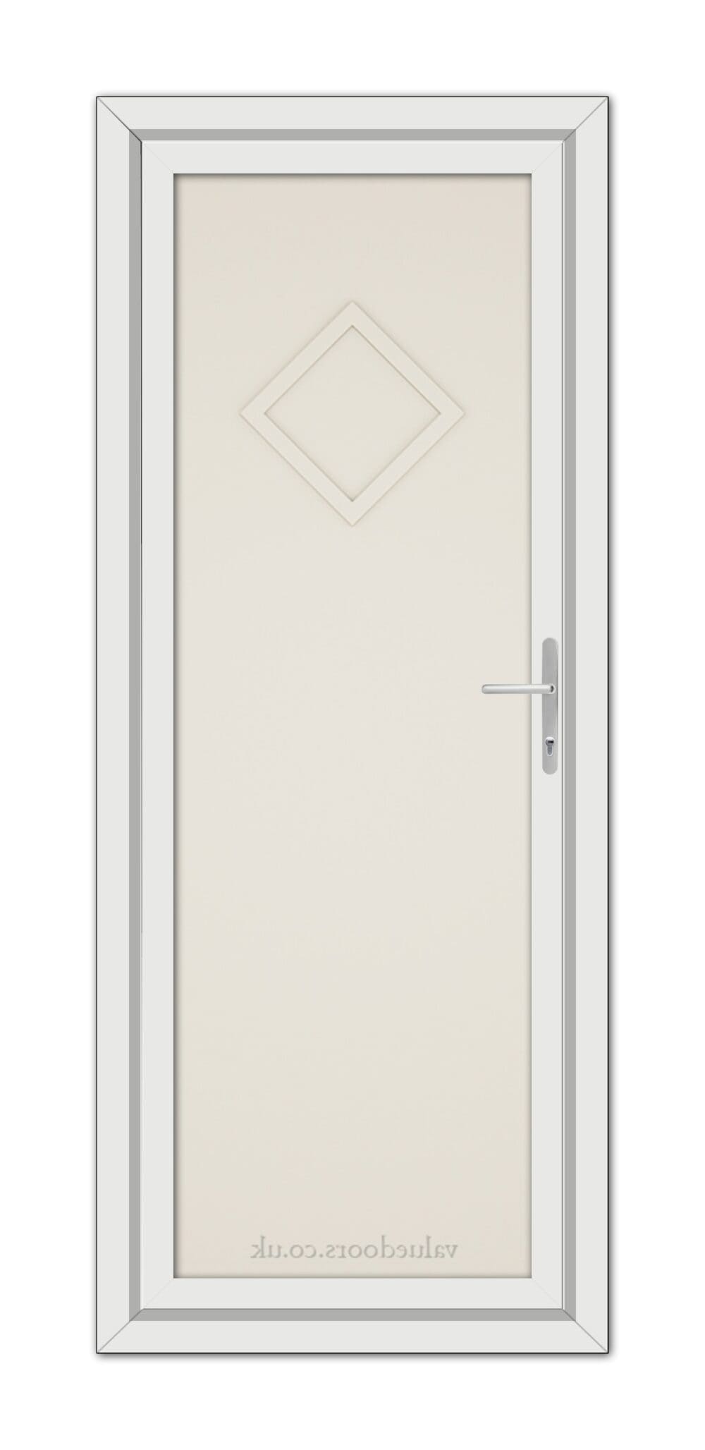 Vertical view of a closed Cream Modern 5131 Solid uPVC Door with a diamond-shaped window and a metallic handle, set in a white frame.