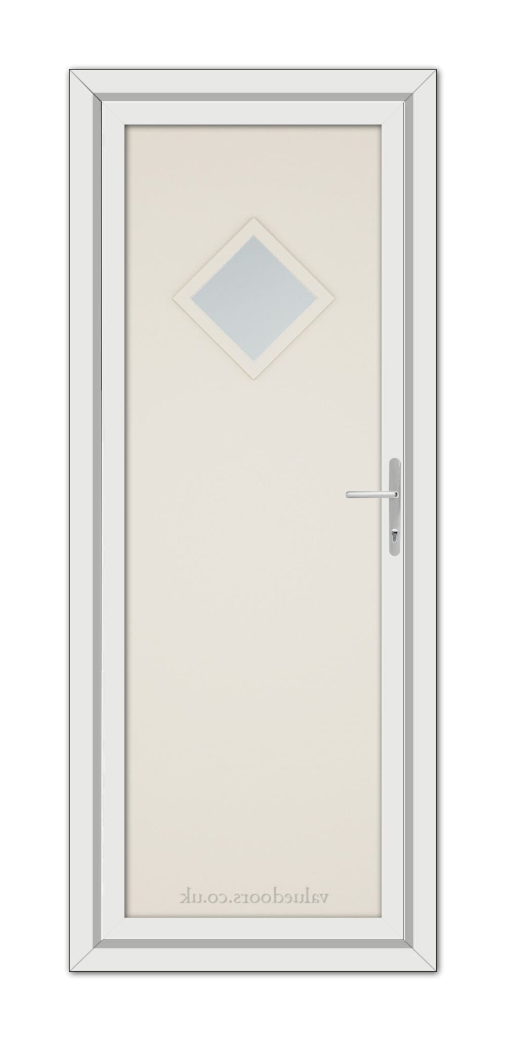 Cream Modern 5131 uPVC door with a diamond-shaped window and a metallic handle, set within a grey frame.