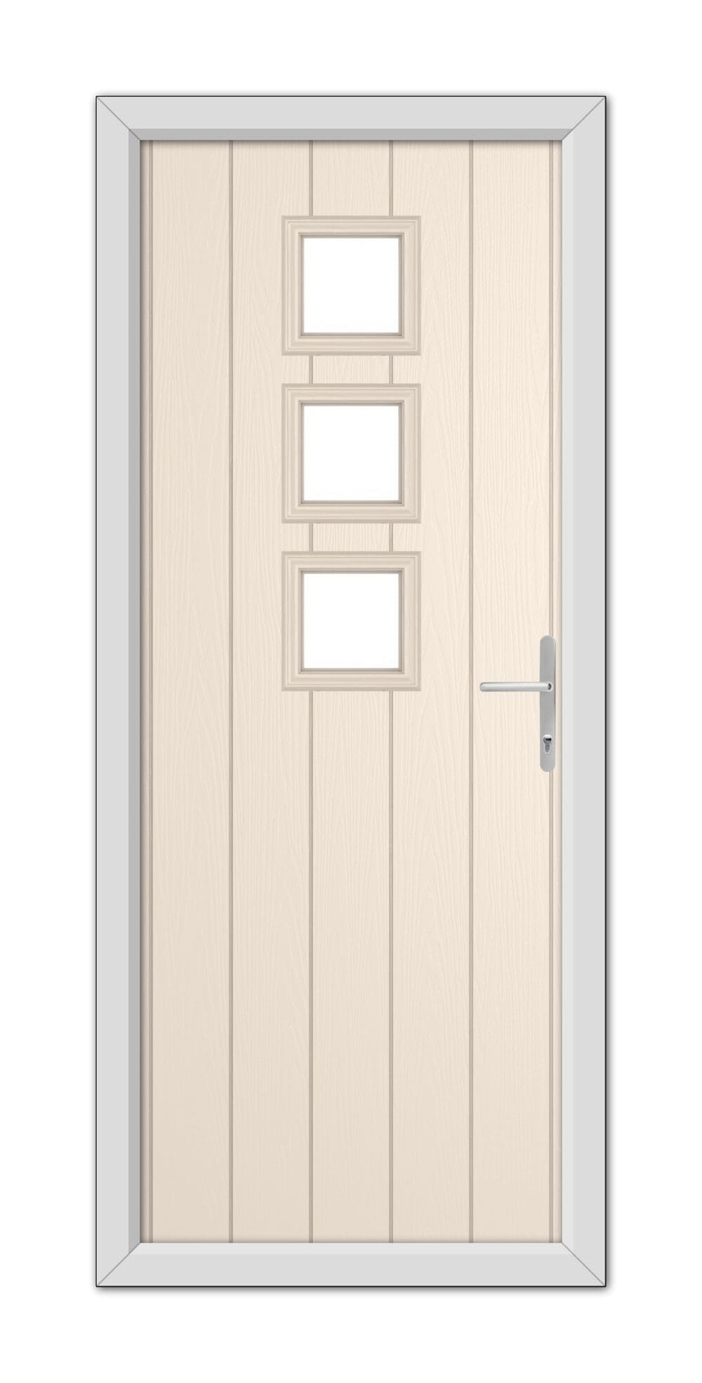 A Cream Montrose Composite Door 48mm Timber Core with three square glass panels and a silver handle, set within a grey frame.