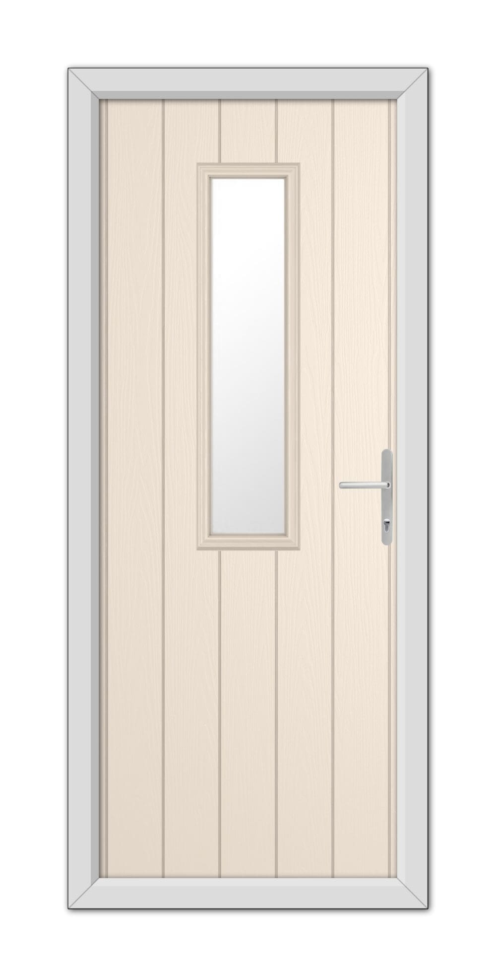 A modern Cream Mowbray Composite Door 48mm Timber Core with a vertical glass panel and a metal handle, set within a gray frame.