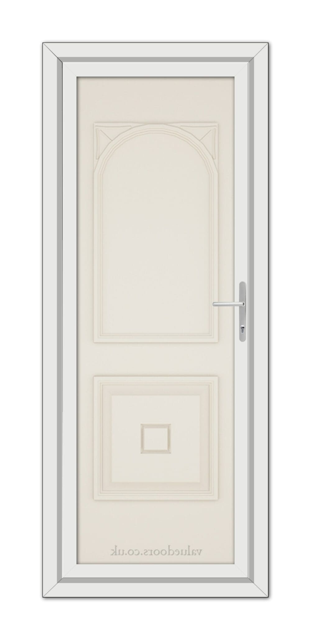 A vertical image of a closed, Cream Reims Solid uPVC Door with an arched top panel and a rectangular bottom panel, fitted with a modern handle, set within a white frame.