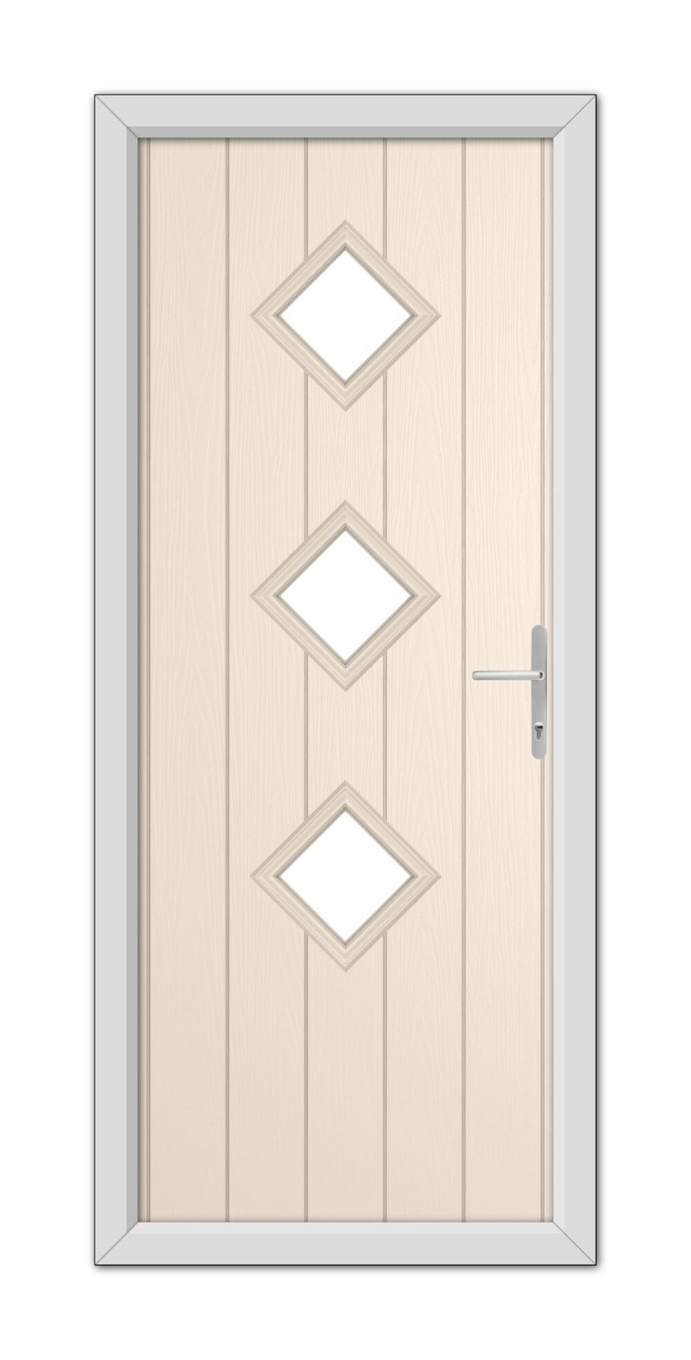 A Cream Richmond Composite Door 48mm Timber Core with three diamond-shaped windows and a modern silver handle, set within a gray frame.