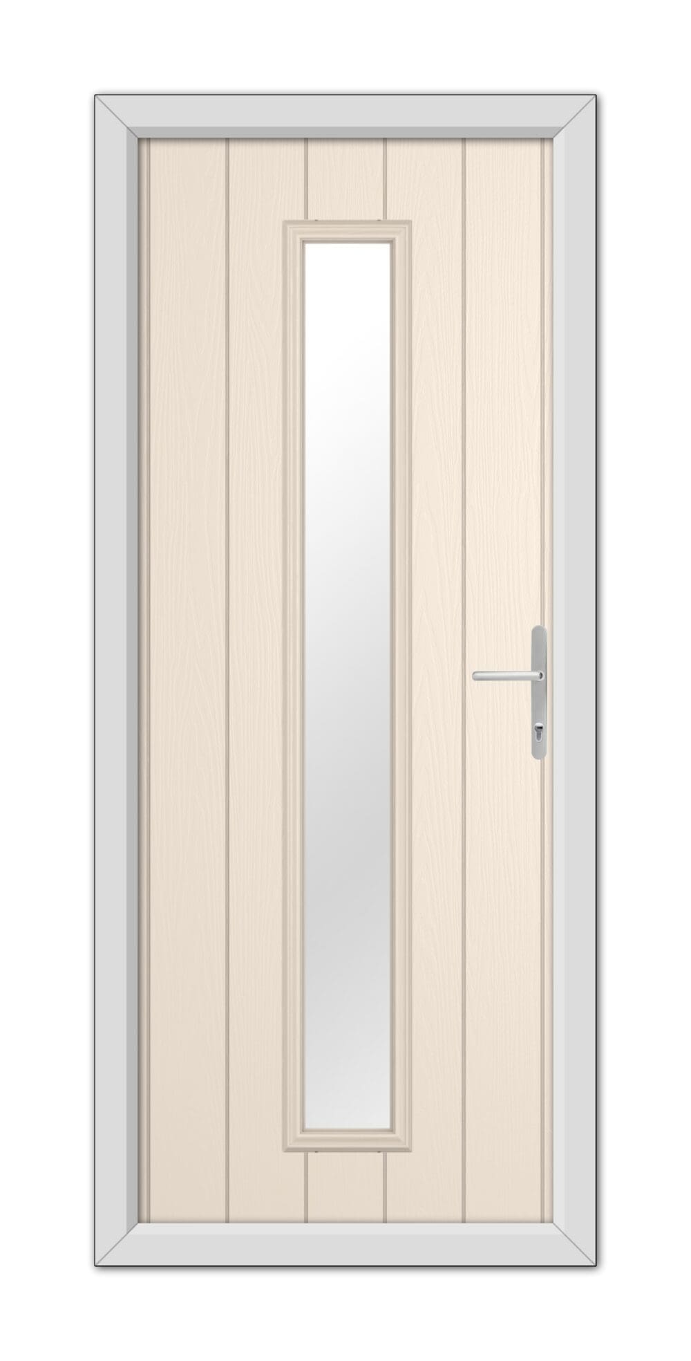 A modern Cream Rutland Composite Door 48mm Timber Core with a vertical glass panel and a metallic handle, set within a gray frame.