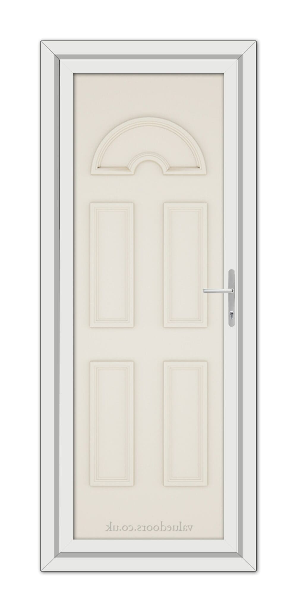 Cream Sandringham Solid uPVC Door with an arched top window and a metal handle, set in a grey frame.