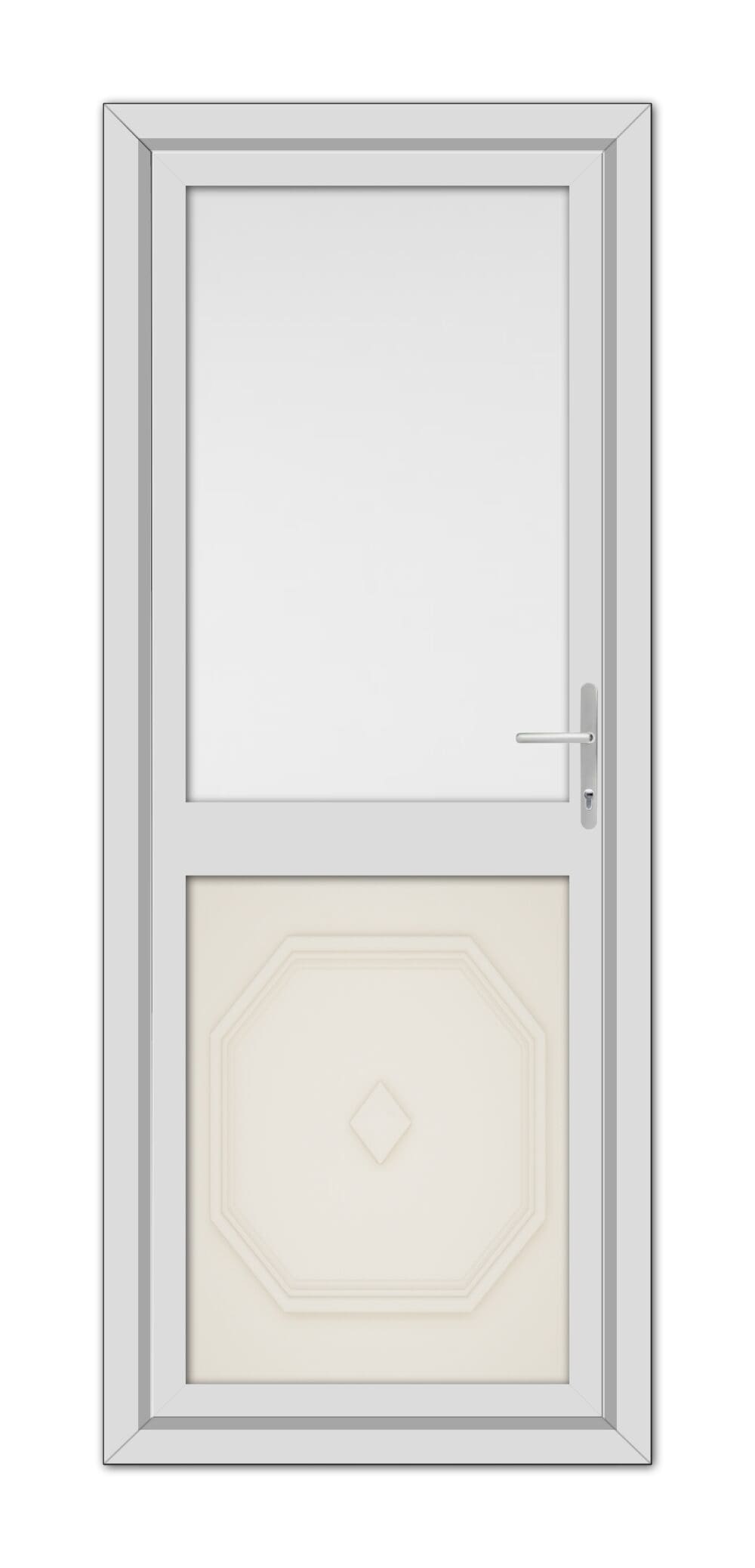 A Cream Westminster Half uPVC Back Door featuring a geometric pattern at the bottom, a large rectangular glass window at the top, and a stainless steel handle on the right.