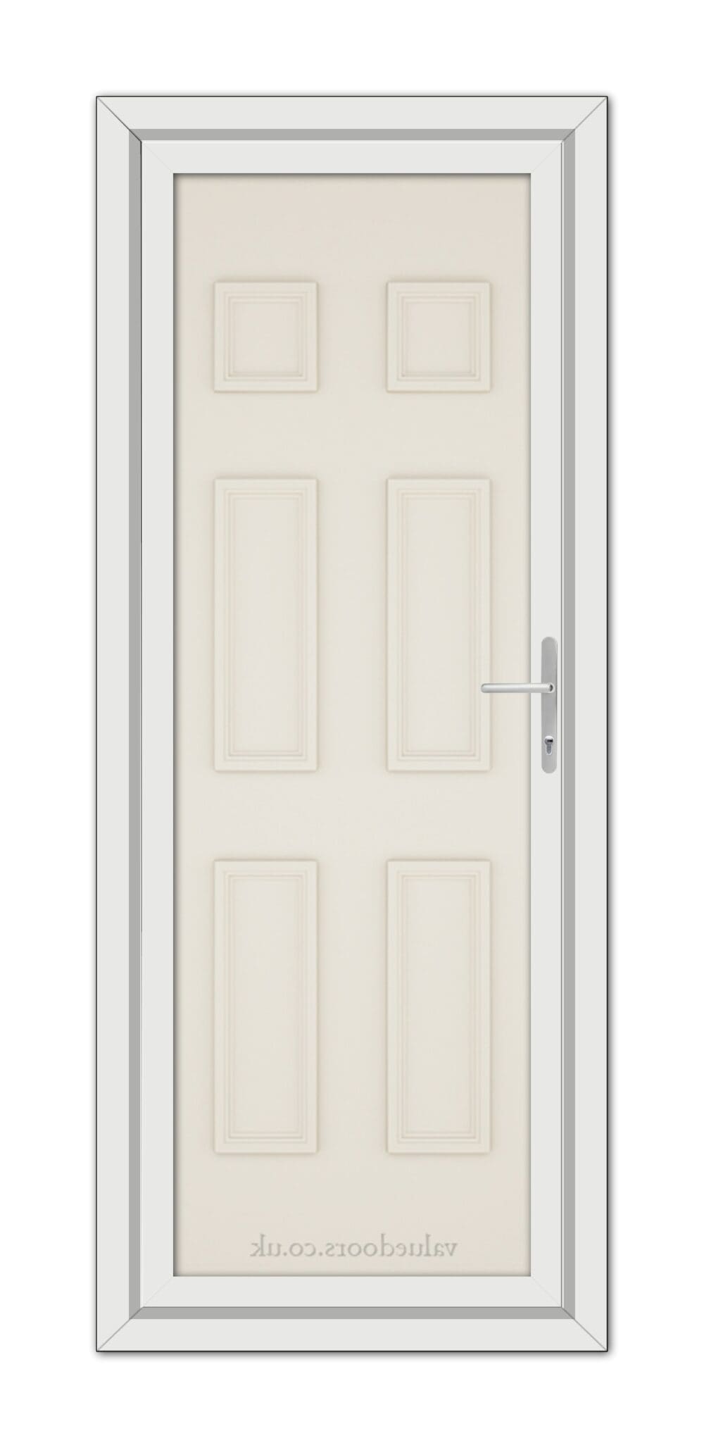 A vertical image of a closed Cream Windsor Solid uPVC Door with six panels and a silver handle, set within a light grey frame.