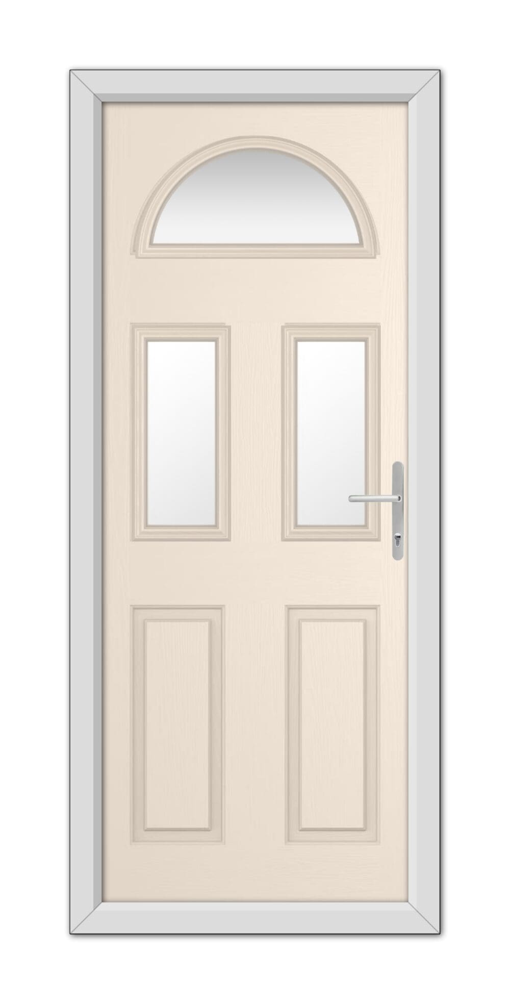 A modern Cream Winslow 3 Composite Door 48mm Timber Core with a semi-circular glass pane at the top, four wooden panels, and a silver handle, framed by a white door frame.