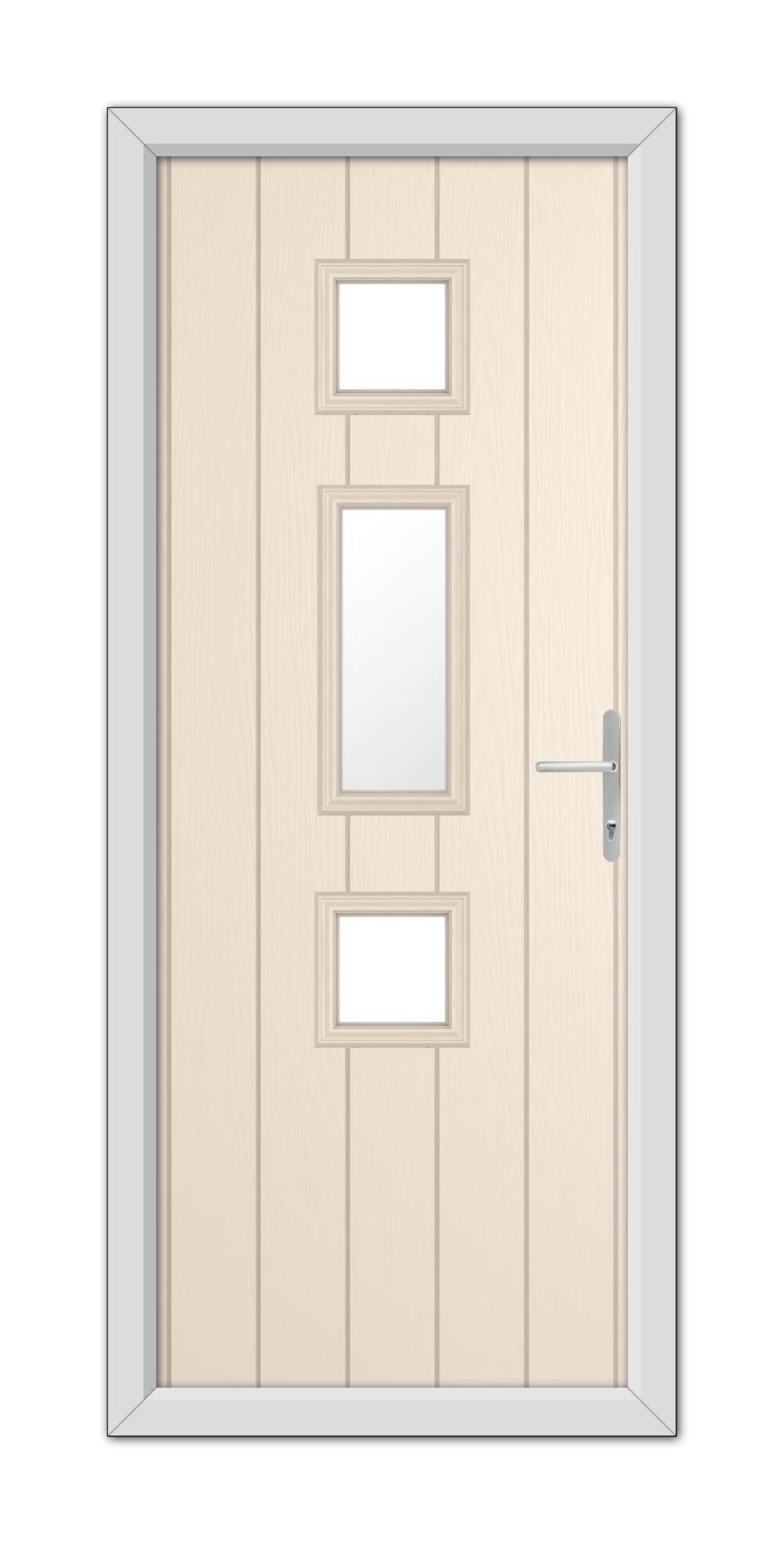 A Cream York Composite Door 48mm Timber Core featuring three vertical glass panels and a metallic handle, set within a gray frame.