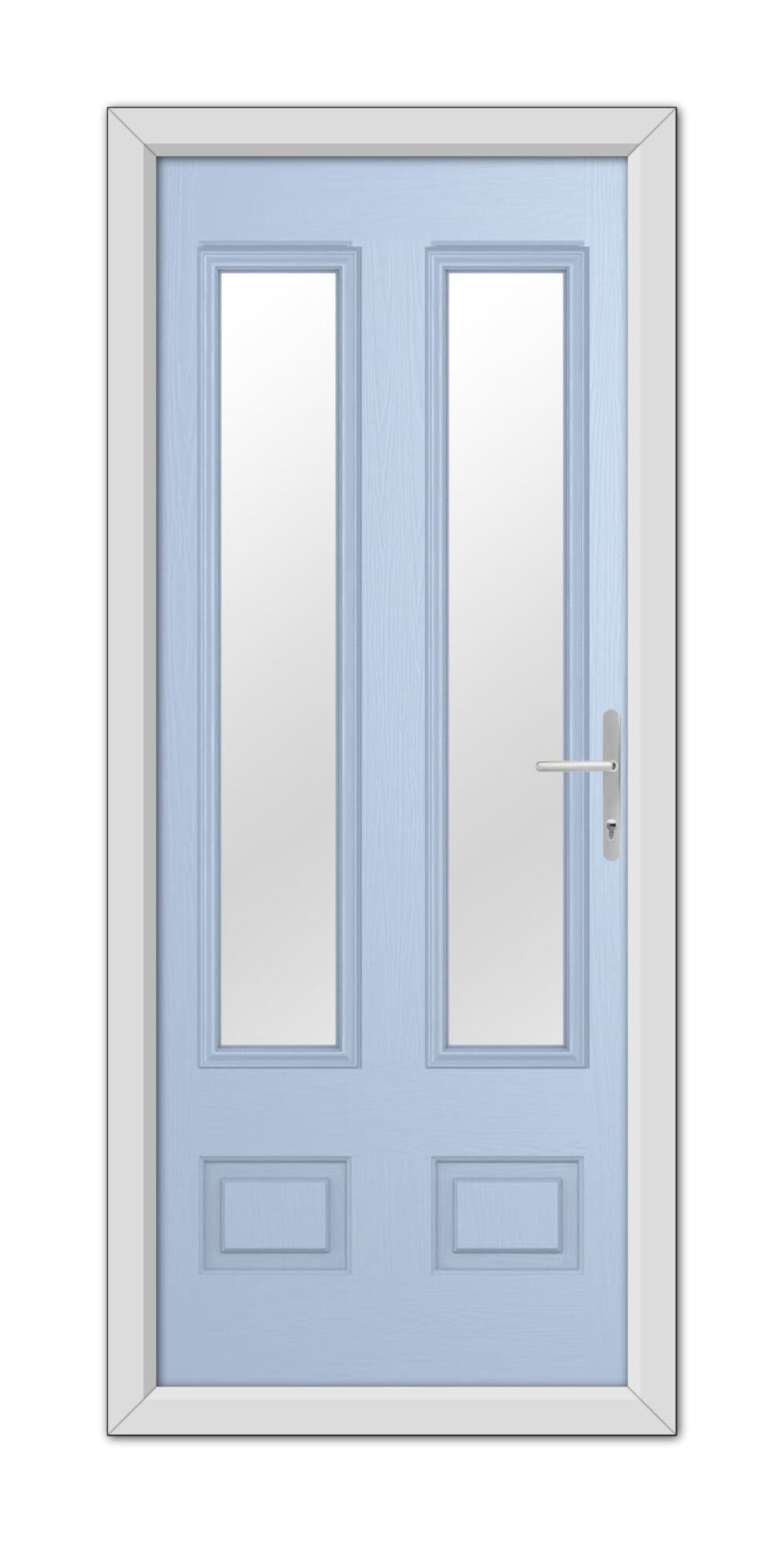 Double doors painted Duck Egg Blue Aston with rectangle glass panels at their center, a metallic handle on one door, and a white frame.