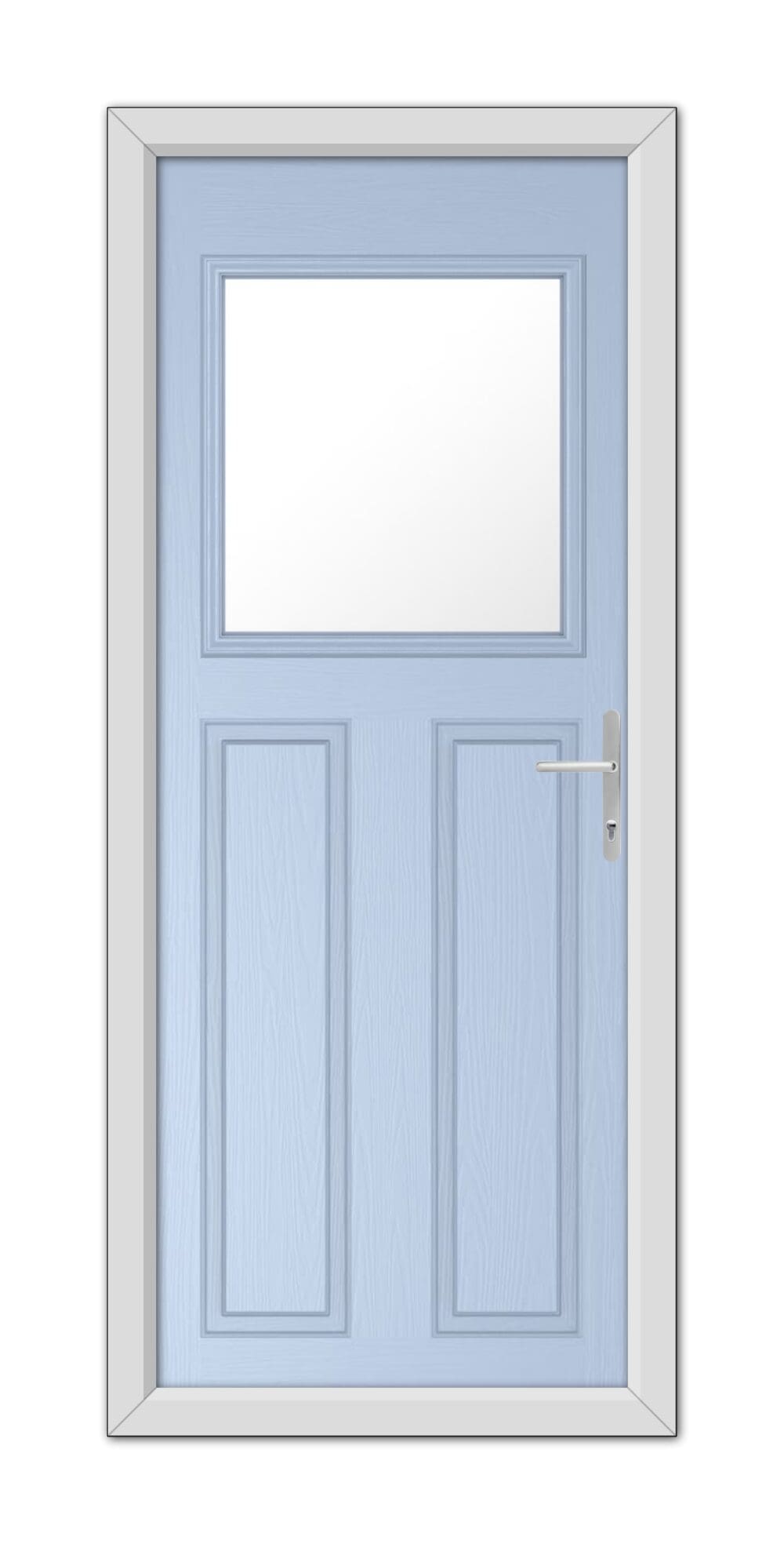 A Duck Egg Blue Axwell Composite Door 48mm Timber Core with a small rectangular window at the top, framed in white, featuring a modern handle on the right side.