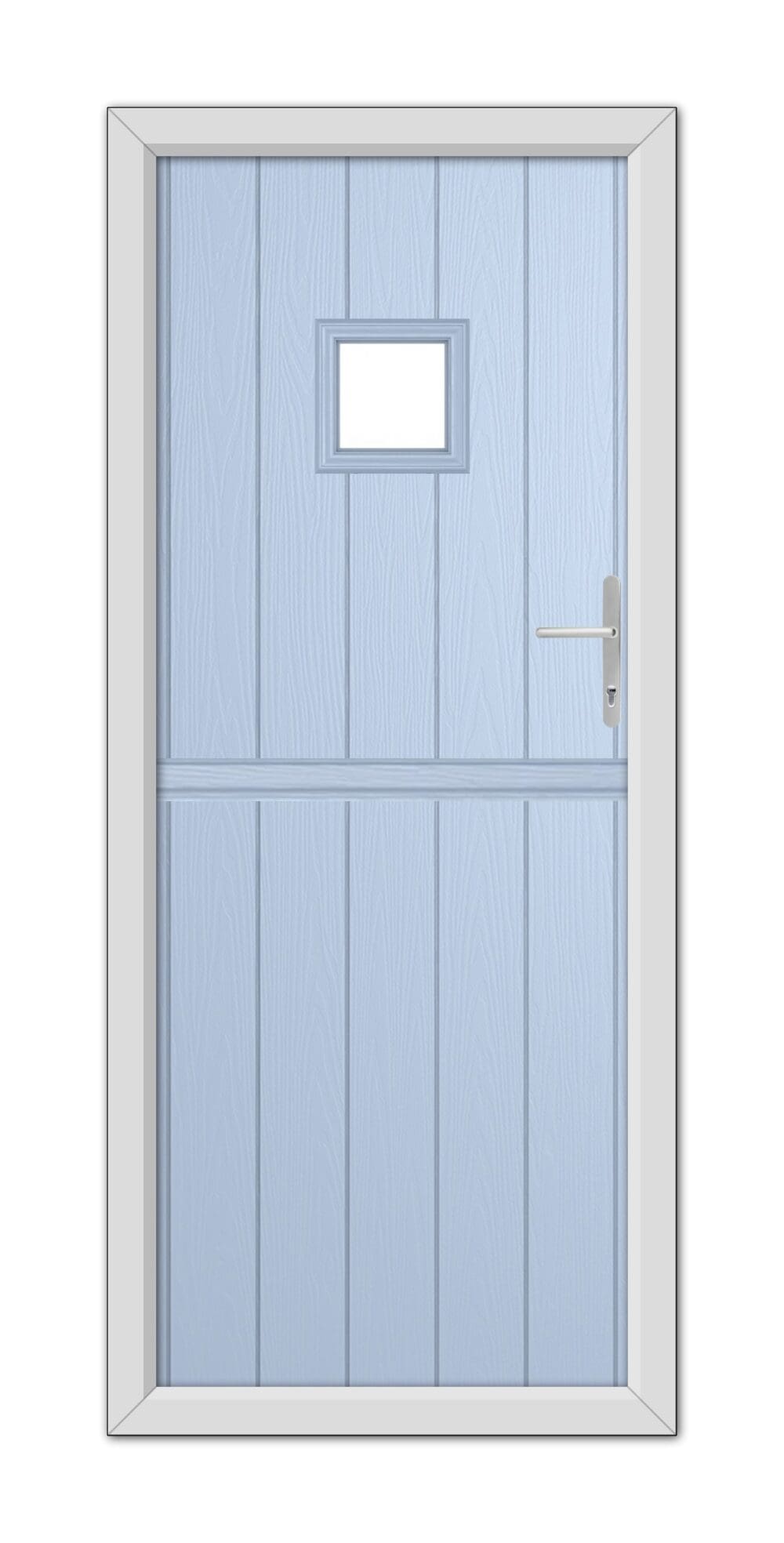 A Duck Egg Blue Brampton Stable Composite Door 48mm Timber Core with a small square window at the top, featuring a stainless steel handle and frame.