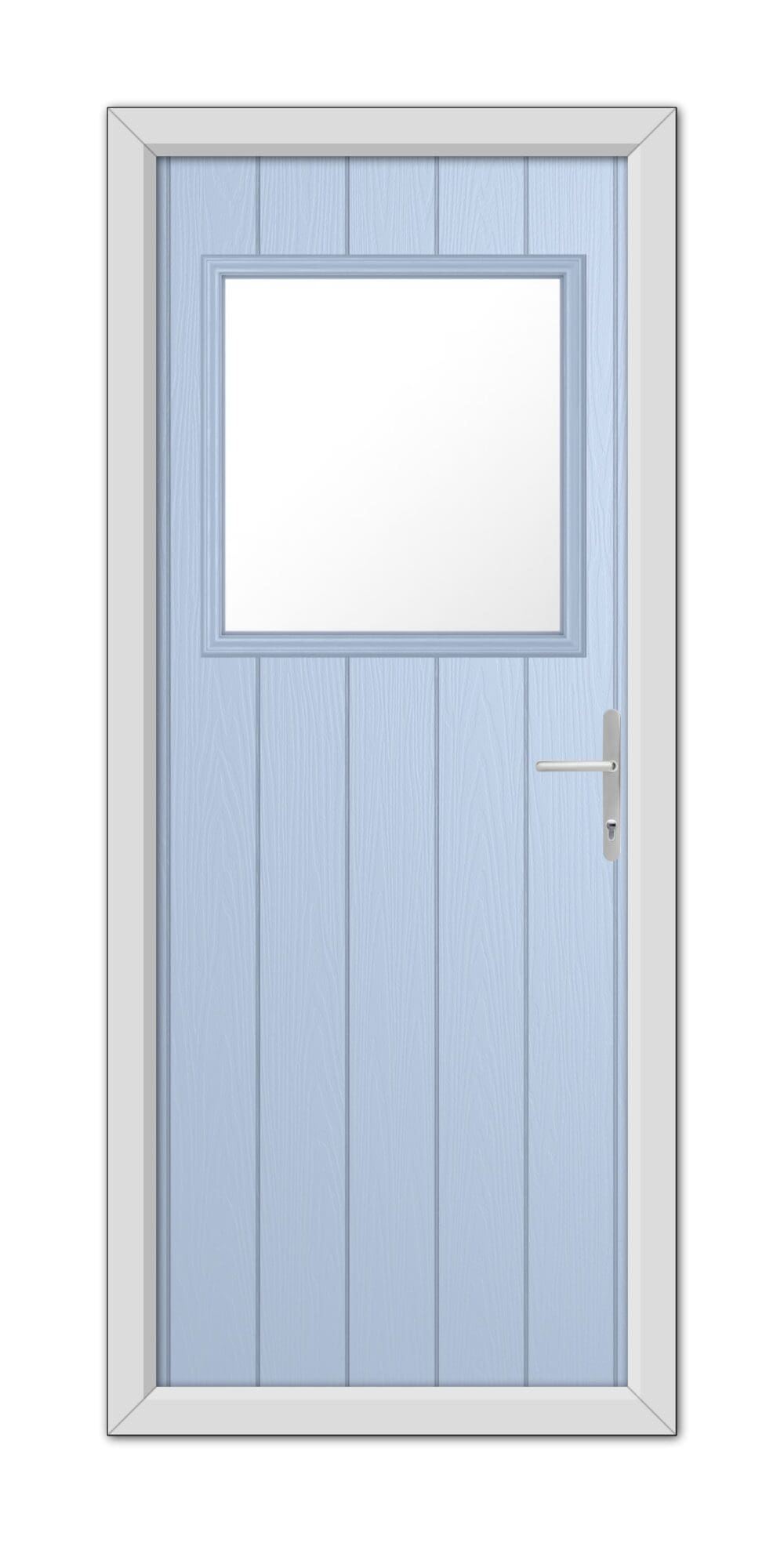 A Duck Egg Blue Fife Composite Door with a rectangular window at the top, surrounded by a white frame, and equipped with a metal handle on the right side.