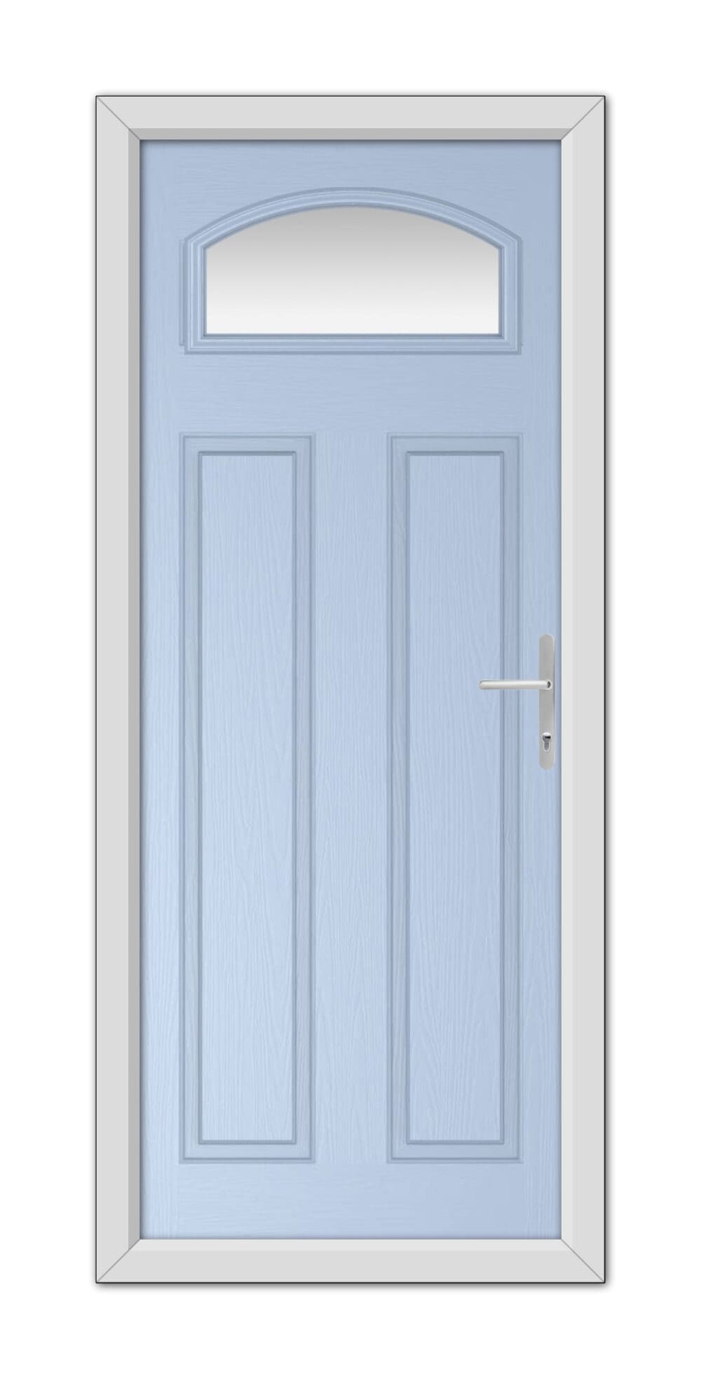 A Duck Egg Blue Harlington Composite Door with a semi-circular window at the top and a silver handle, set within a white frame.