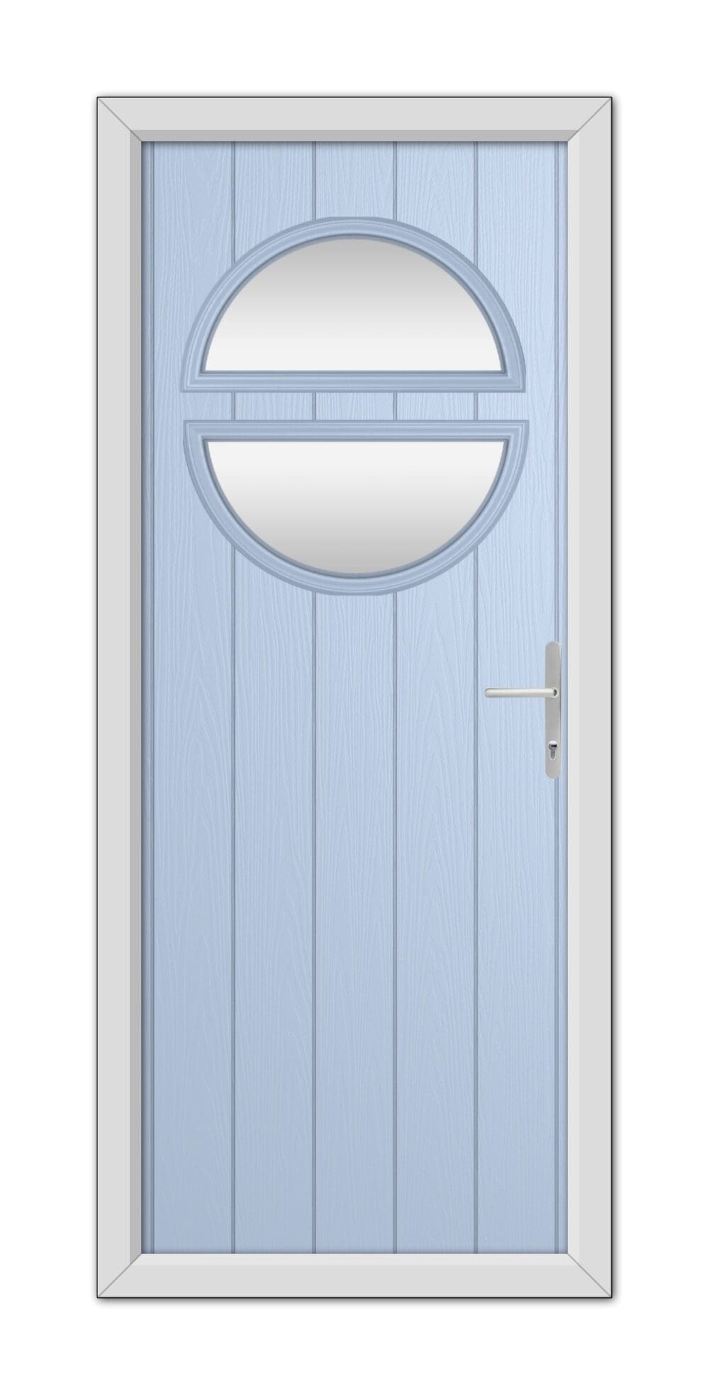 A Duck Egg Blue Kent Composite Door 48mm Timber Core with an elliptical window and a modern handle, set within a white frame.