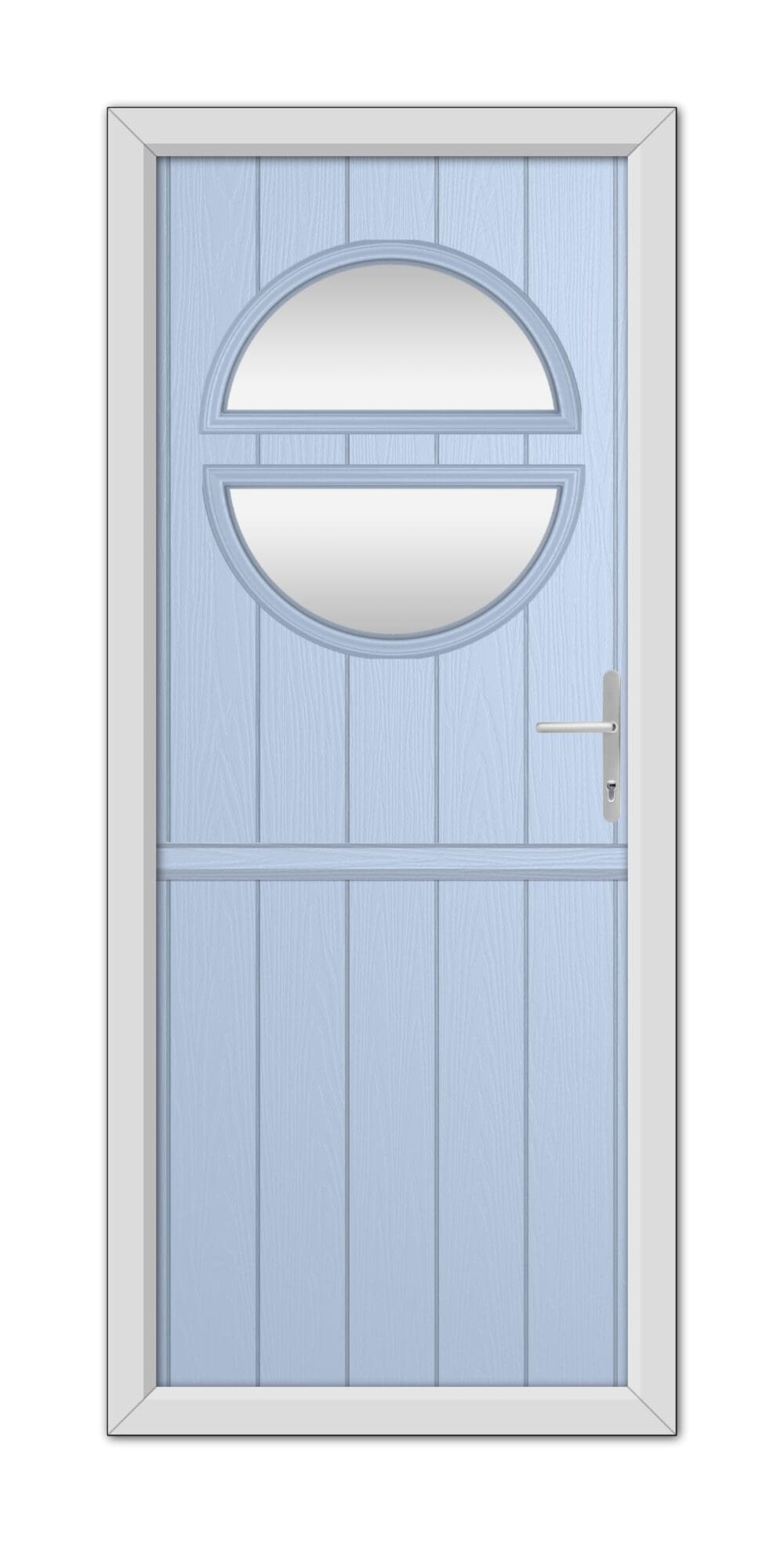 A Duck Egg Blue Kent Stable Composite Door featuring two horizontal oval glass panels and a modern handle, set within a white frame.