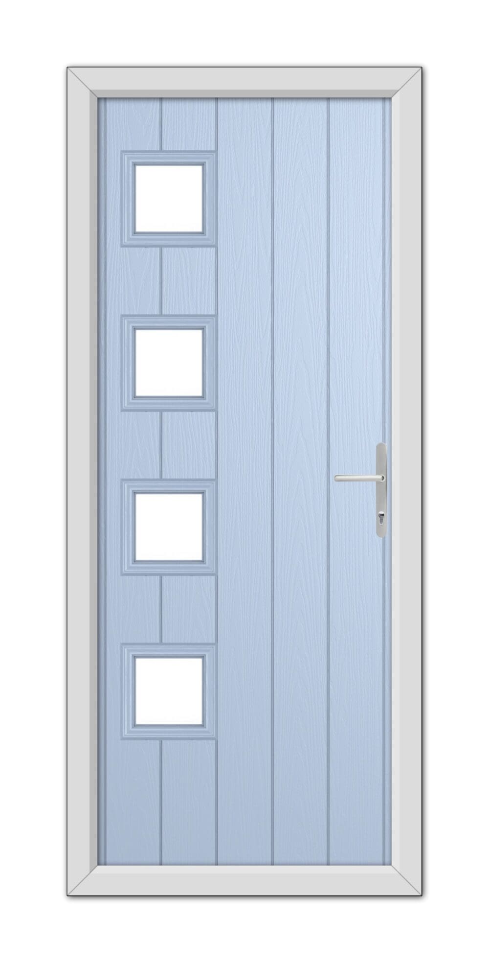 A modern Duck Egg Blue Sussex Composite Door 48mm Timber Core with four rectangular glass panels aligned vertically and a metallic handle on the right, set within a white frame.