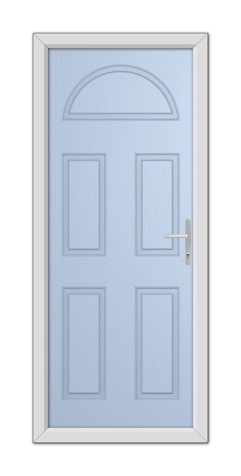 A Duck Egg Blue Winslow Solid Composite Door 48mm Timber Core with six panels and an arched window, featuring a metal handle, set within a white door frame.