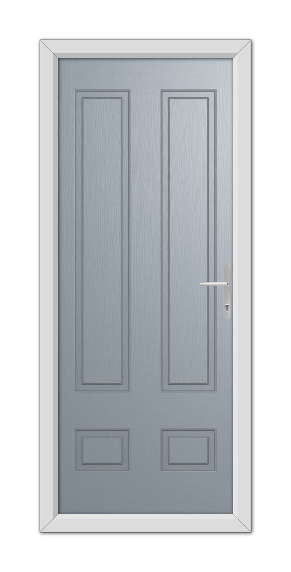 A modern French Grey Aston Solid Composite Door 48mm Timber Core with a silver handle, set within a white door frame, shown in a frontal view.