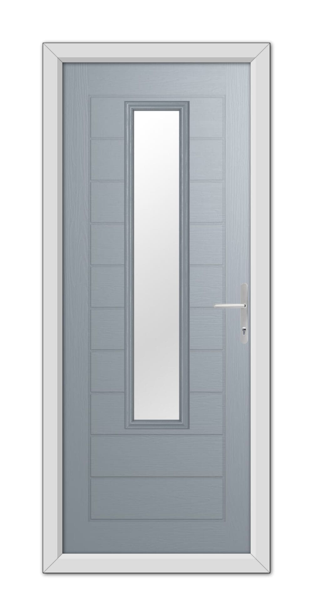 A modern French Grey Bedford Composite Door 48mm Timber Core with a vertical rectangular glass panel and a metal handle, set within a white door frame.