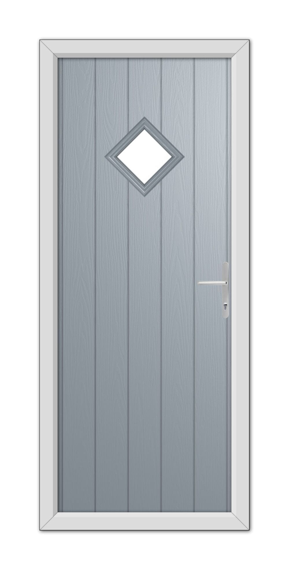 A French Grey Cornwall Composite Door 48mm Timber Core with a diamond-shaped window and a modern handle, framed in a white doorframe.