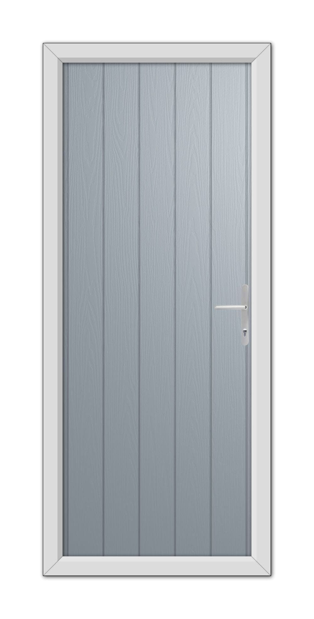 A modern French Grey Gloucester Composite Door 48mm Timber Core with a metal handle, set within a simple white frame, isolated on a white background.