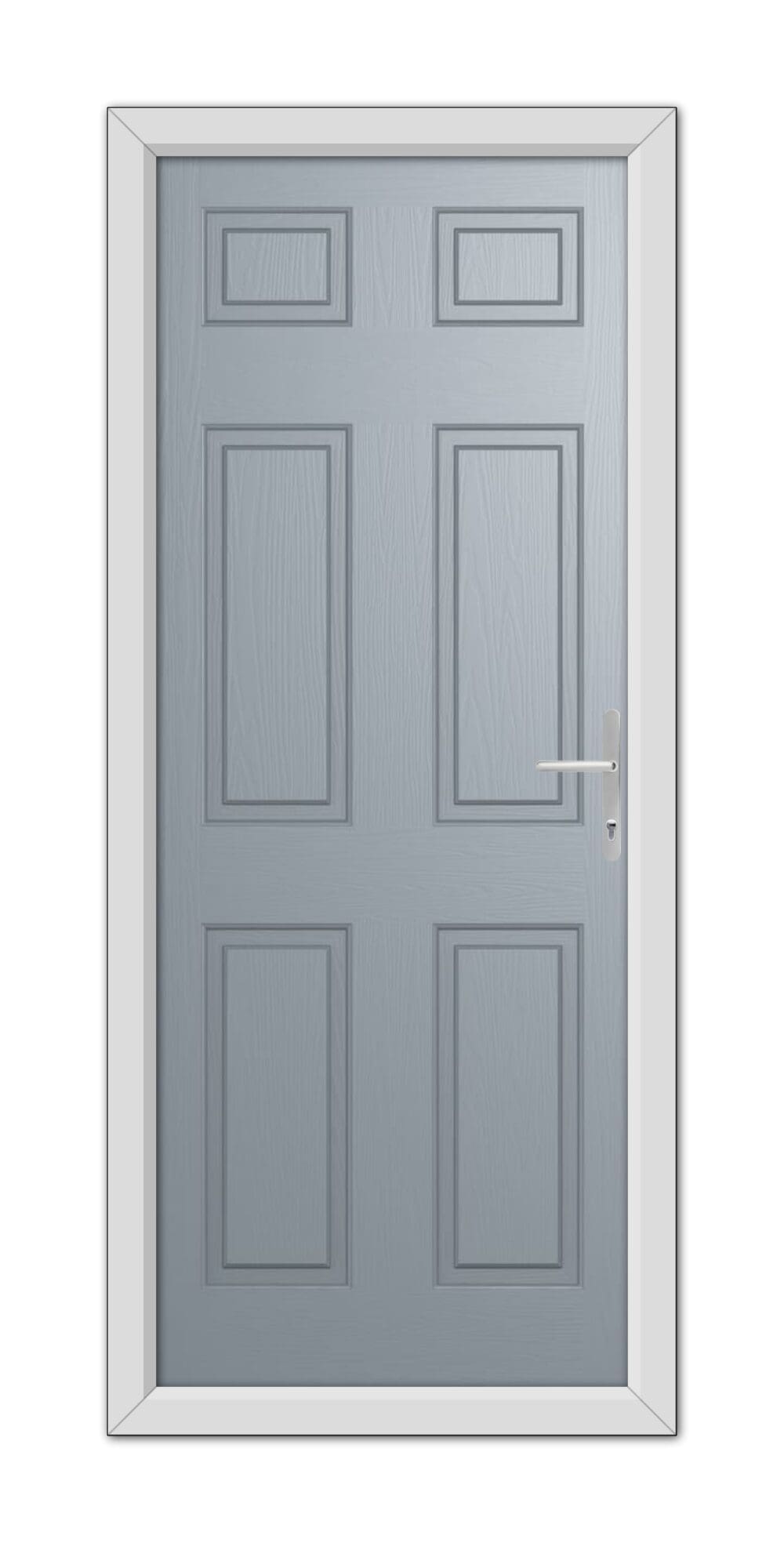 A French Grey Middleton Solid Composite Door with six rectangular panels and a silver handle, set within a white frame.