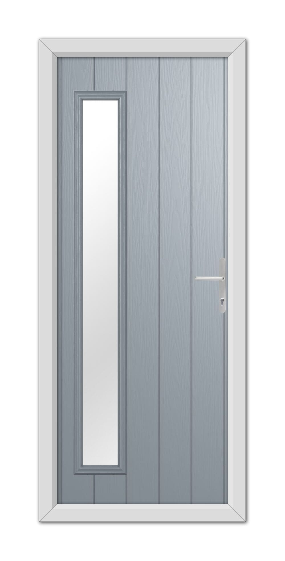 A French Grey Sutherland Composite Door with a vertical glass panel on the left side, featuring a metallic handle, set within a white frame.