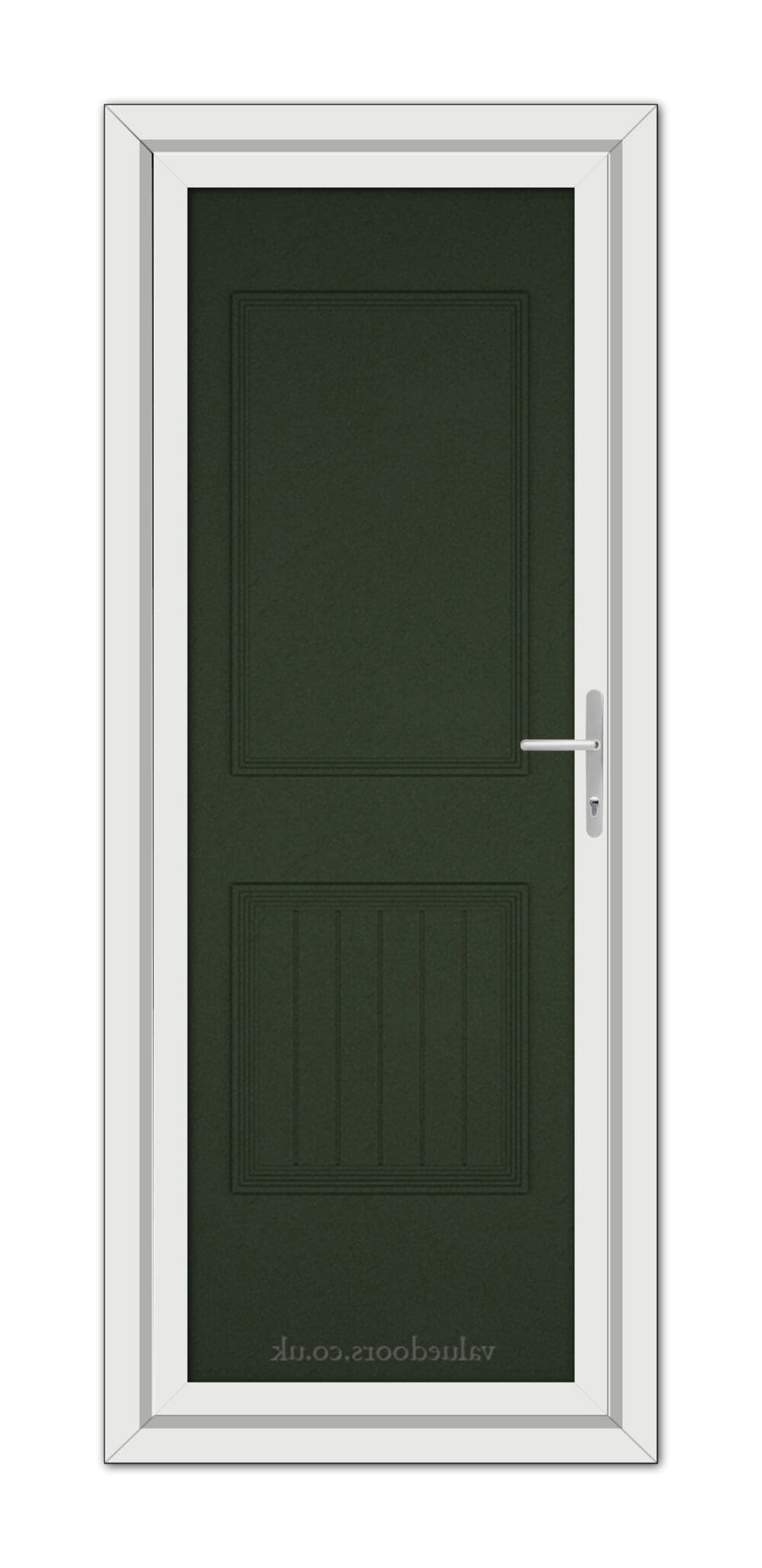 A vertical image of a closed Green Alnwick One Solid uPVC door with a silver handle, set within a white door frame. The door has two recessed panels.