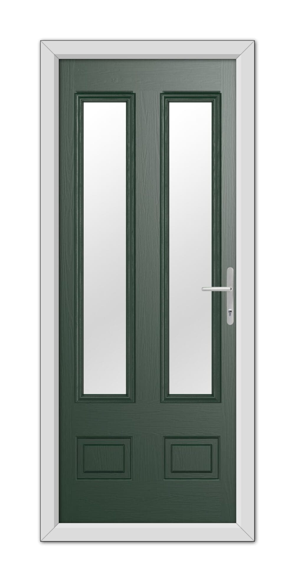 Green Aston Glazed 2 Composite Door 48mm Timber Core with vertical rectangular glass panels, white frame, and a silver handle on the right side.