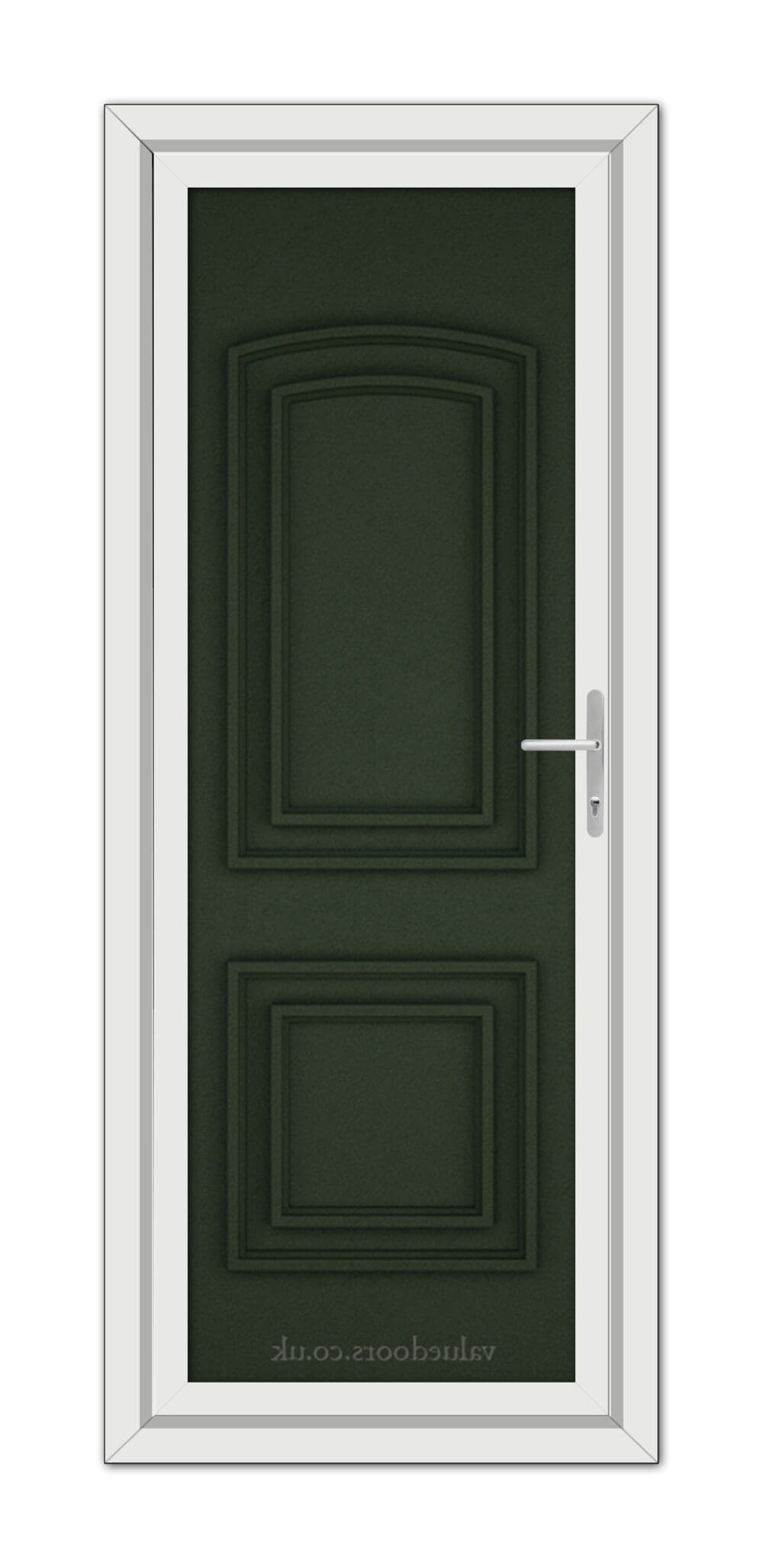 A vertical image of a closed Green Balmoral Solid uPVC Door with a white frame and a metallic handle, set within a light gray wall.