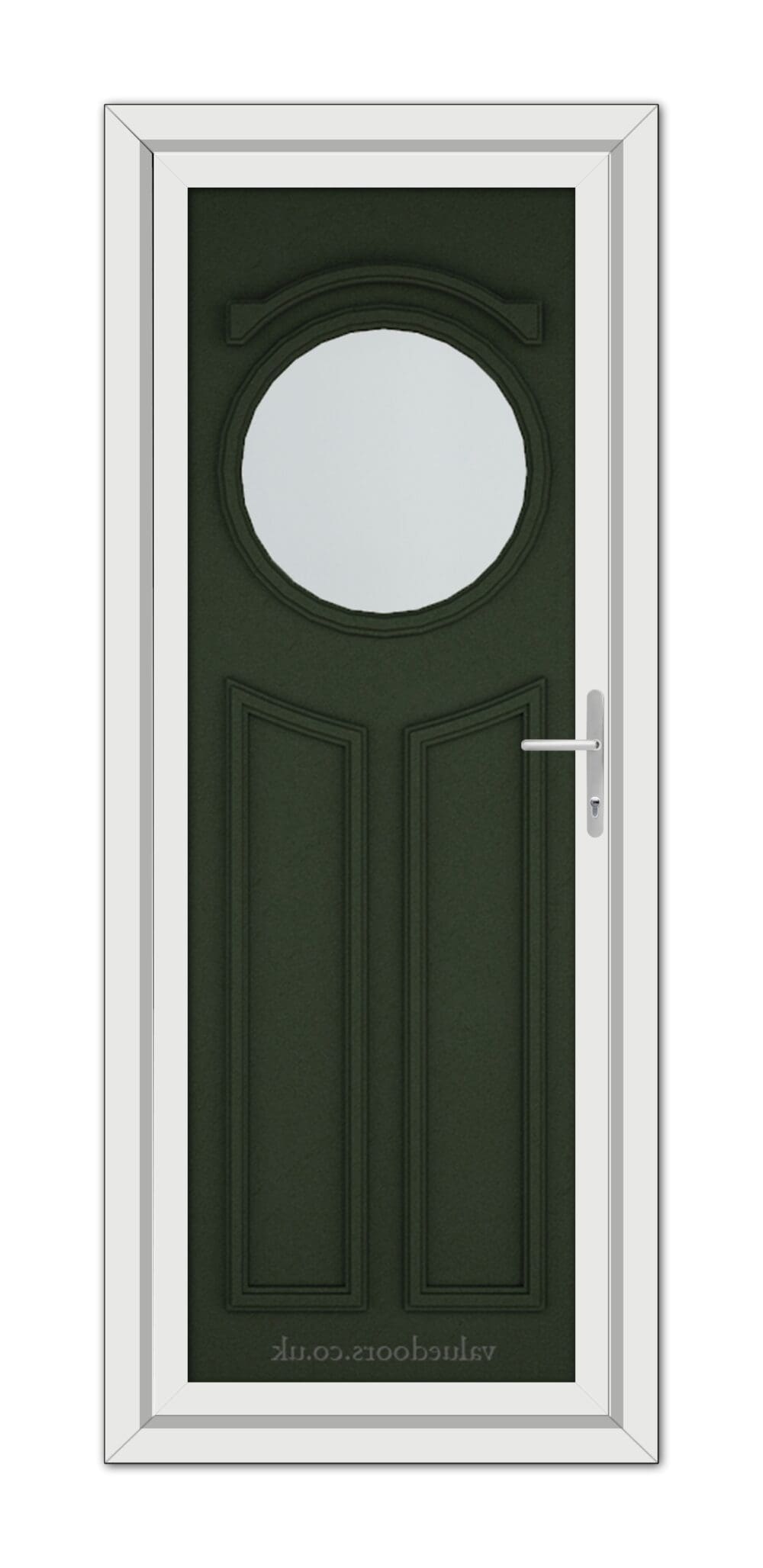 A Green Blenheim uPVC Door with an oval window at the top and a white frame, featuring a modern handle on the right side.