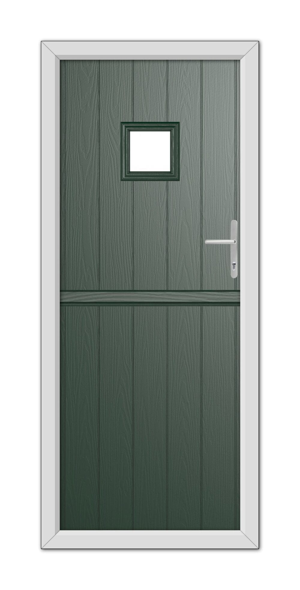 A Green Brampton Stable Composite Door 48mm Timber Core with a small rectangular window at the top in a white frame, featuring a modern handle on the right side.