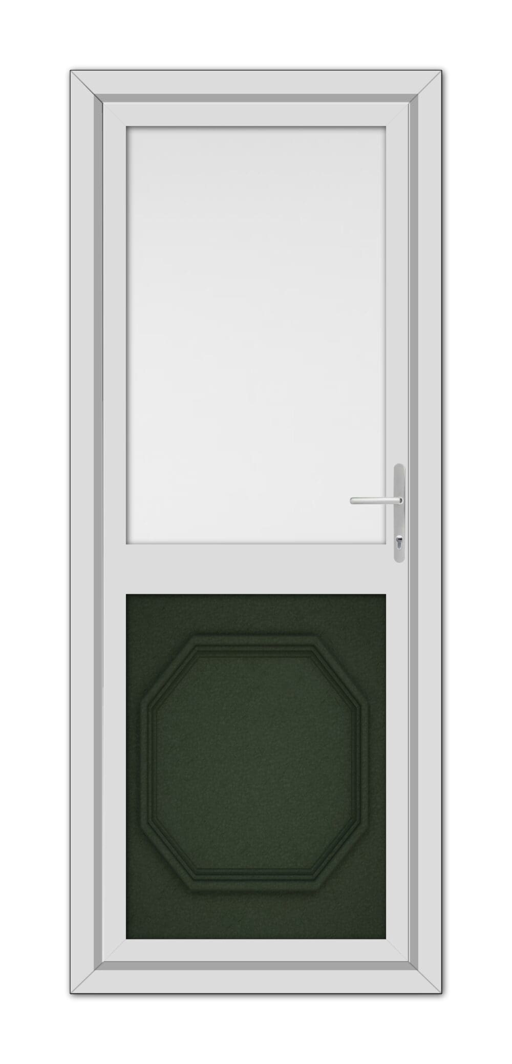 A modern Green Buckingham Half uPVC Back Door with a high window at the top and an octagonal, green panel at the bottom, featuring a metal handle on the right side.