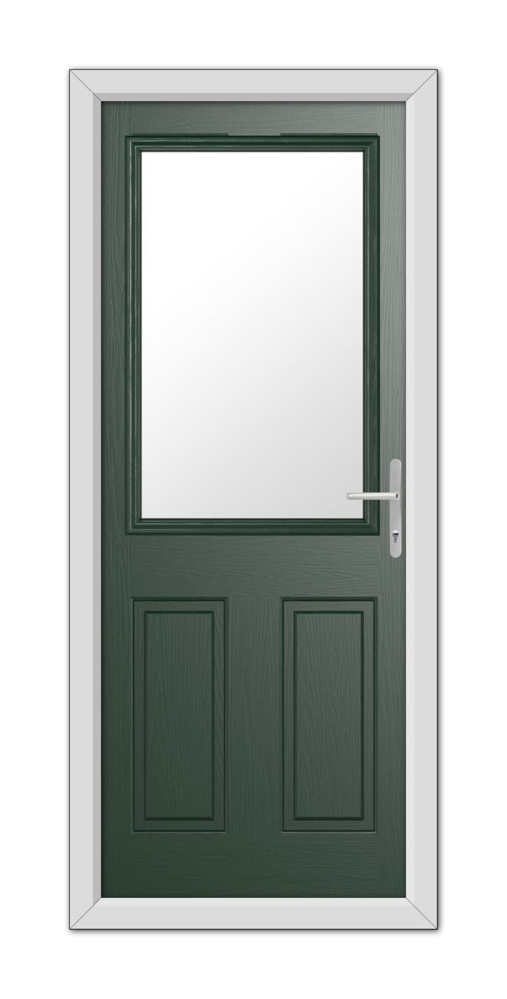 A Green Buxton Composite Door 48mm Timber Core with a large rectangular window at the top, set in a white frame with a modern handle on the right.