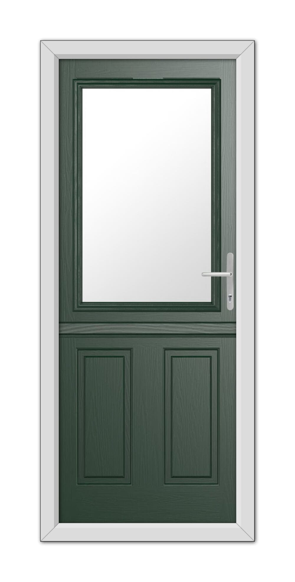 Green Buxton Stable Composite Door 48mm Timber Core with a white frame, featuring a top window panel and a modern handle on the right side.