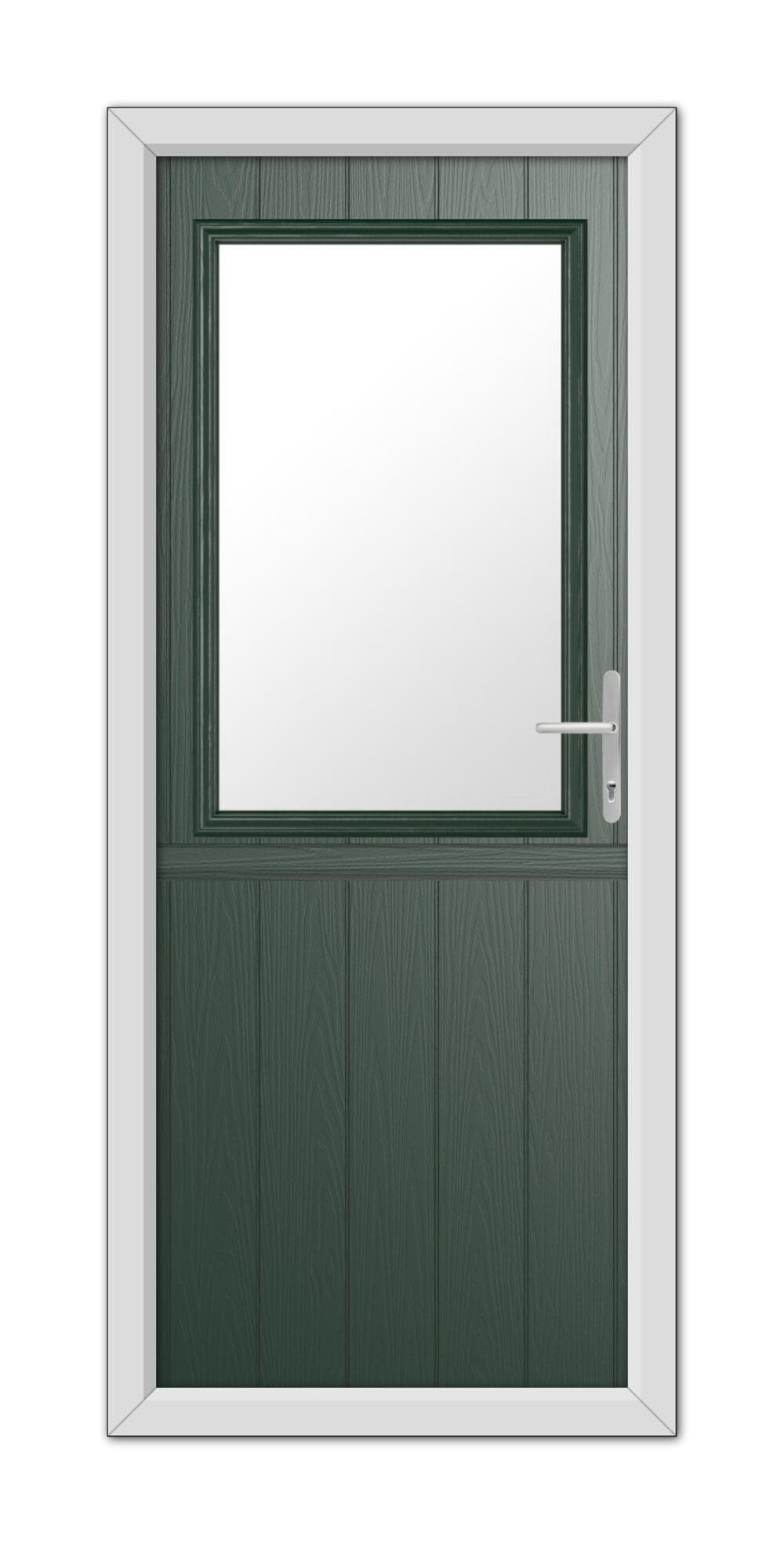 A Green Clifton Stable Composite Door 48mm Timber Core with a top window, white frame, and silver handle, isolated on a white background.