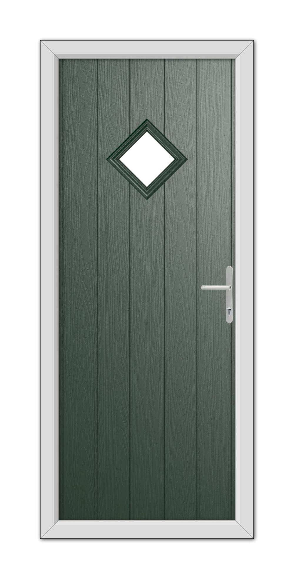 A Green Cornwall Composite Door 48mm Timber Core with a diamond-shaped window and a white handle, set within a white frame.