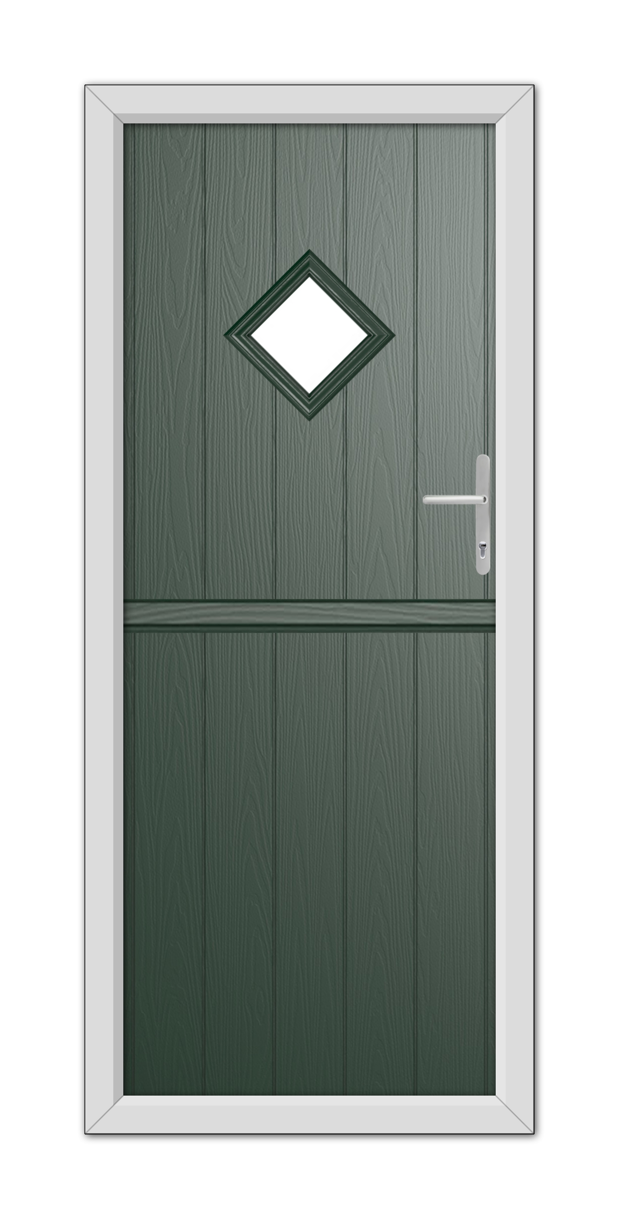 A Green Cornwall Stable Composite Door 48mm Timber Core with a diamond-shaped window, adorned with a white frame and fitted with a modern handle.