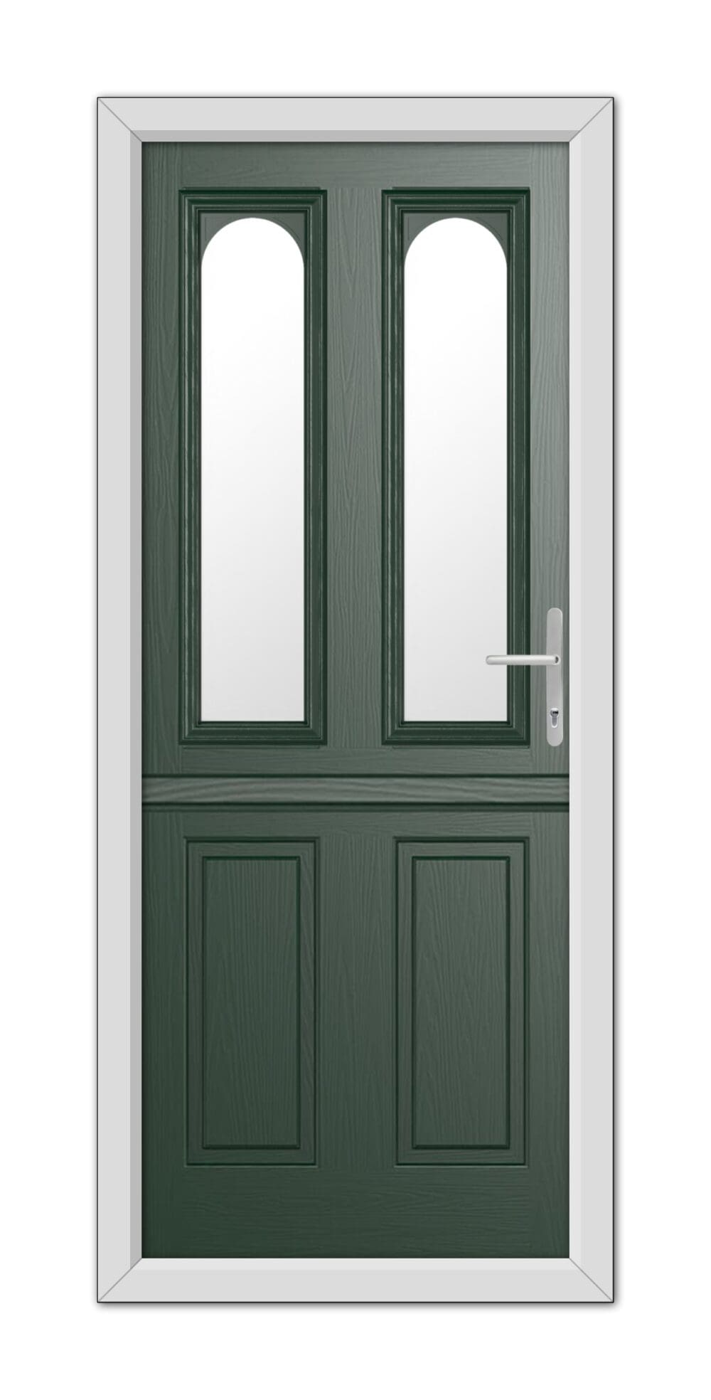 Double-panel Green Elmhurst Stable Composite Door 48mm Timber Core with glass windows on the upper half and solid panels on the lower half, set in a white frame.