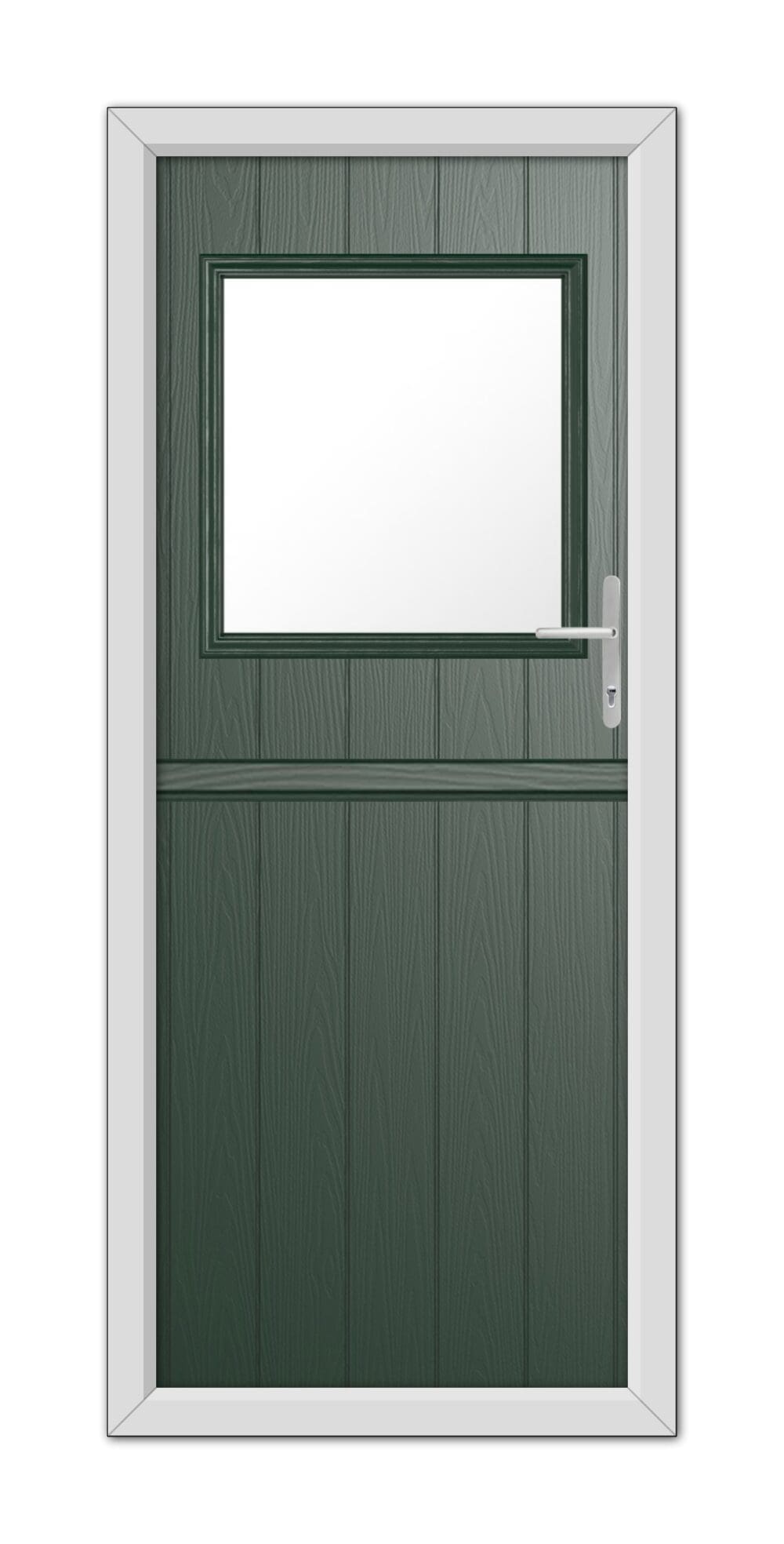 A Green Fife Stable Composite Door 48mm Timber Core with a small rectangular window near the top, framed in white, featuring a white handle on the right side.