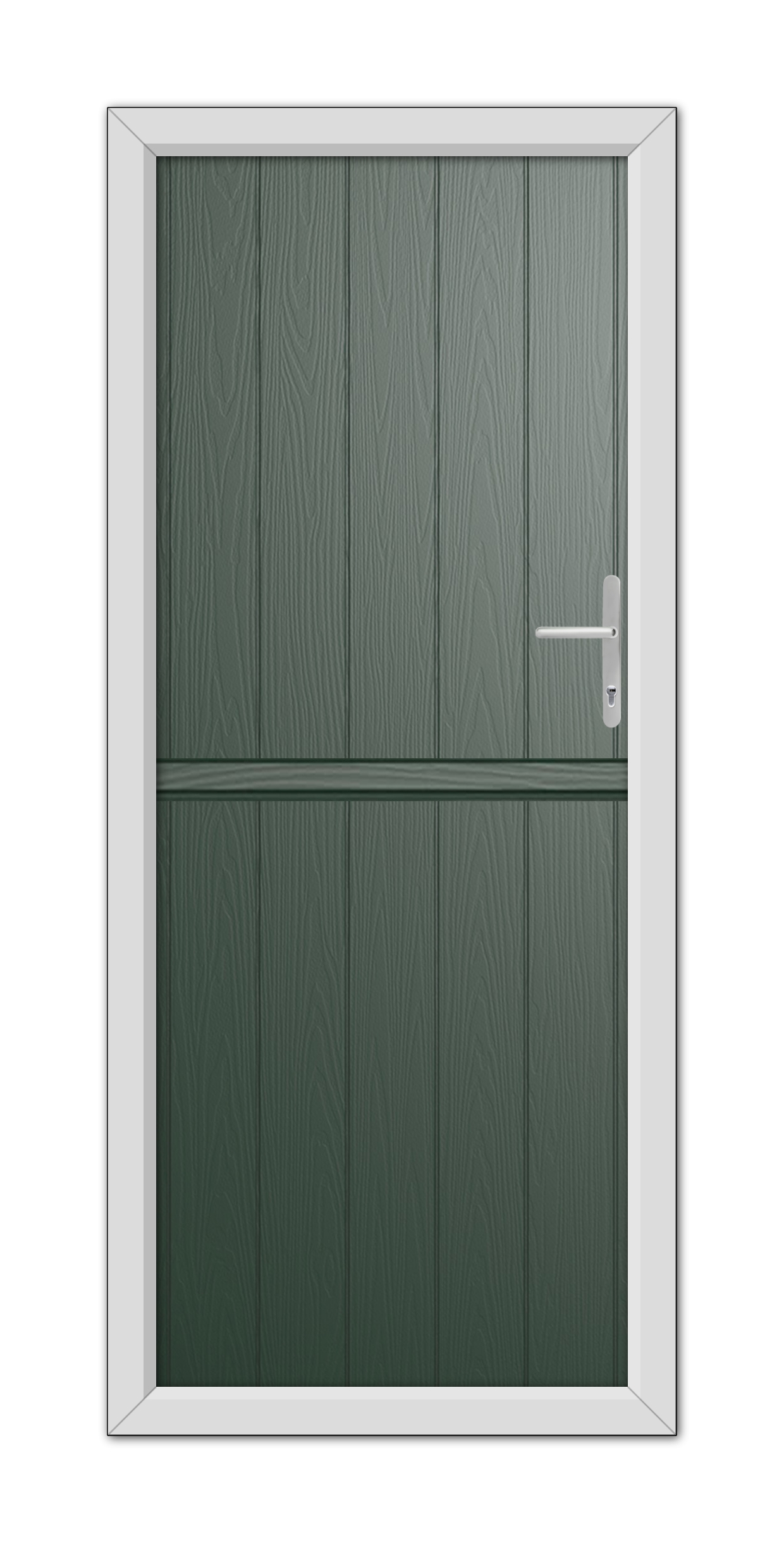 A closed Green Gloucester Stable Composite Door 48mm Timber Core with a metal handle, set within a light gray frame, viewed frontally.