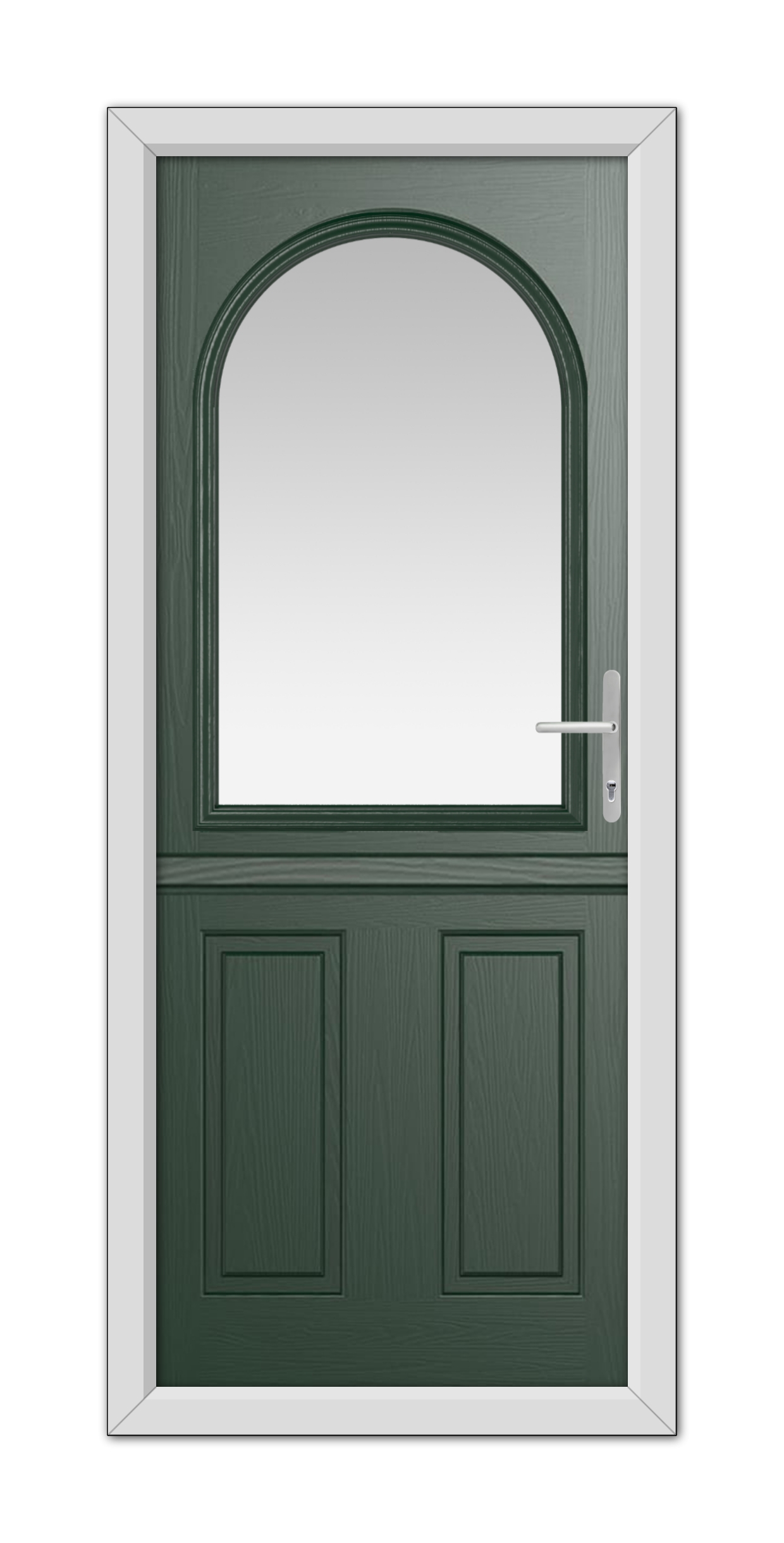 A Green Grafton Stable Composite Door 48mm Timber Core with a large, arched window at the top, framed in white, featuring a modern handle on the right side.