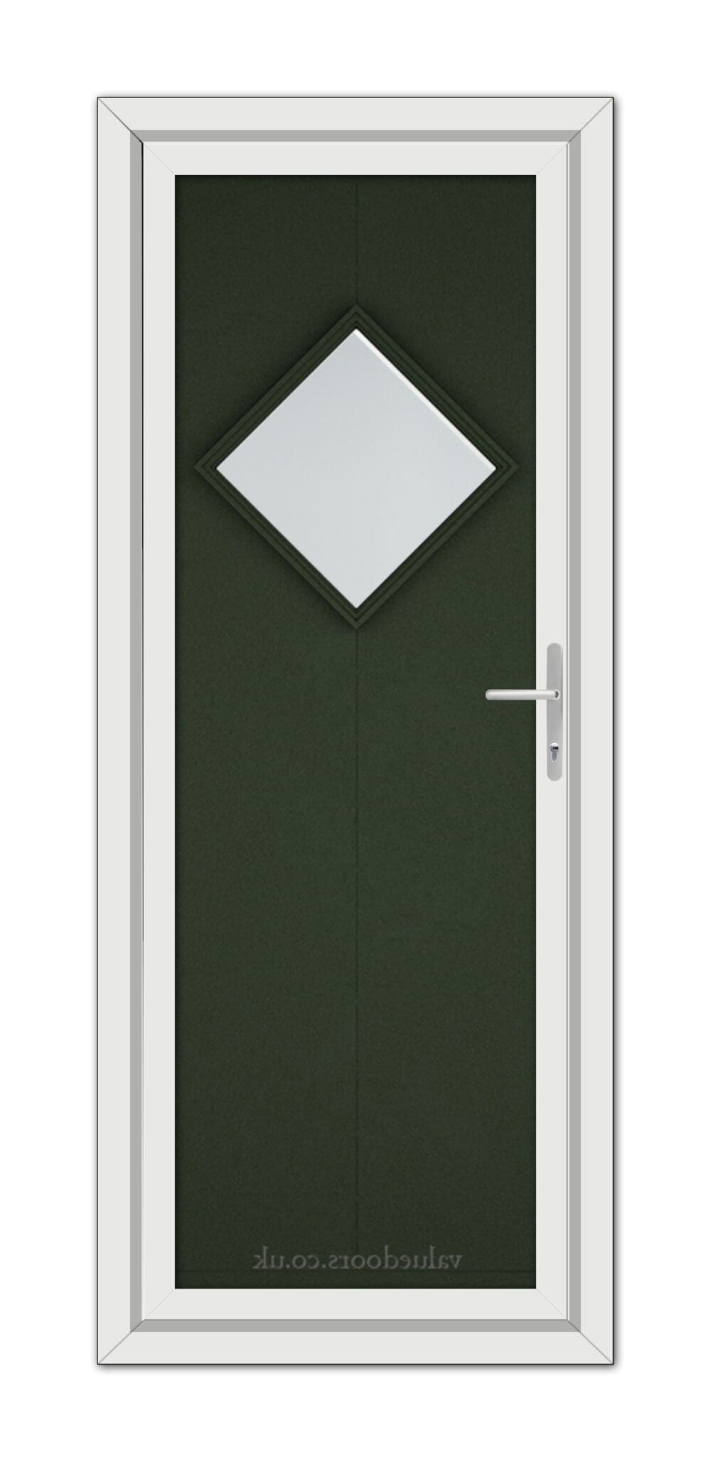 A modern Green Hamburg uPVC Door with a diamond-shaped window and a white door frame, including a silver handle on the right side.