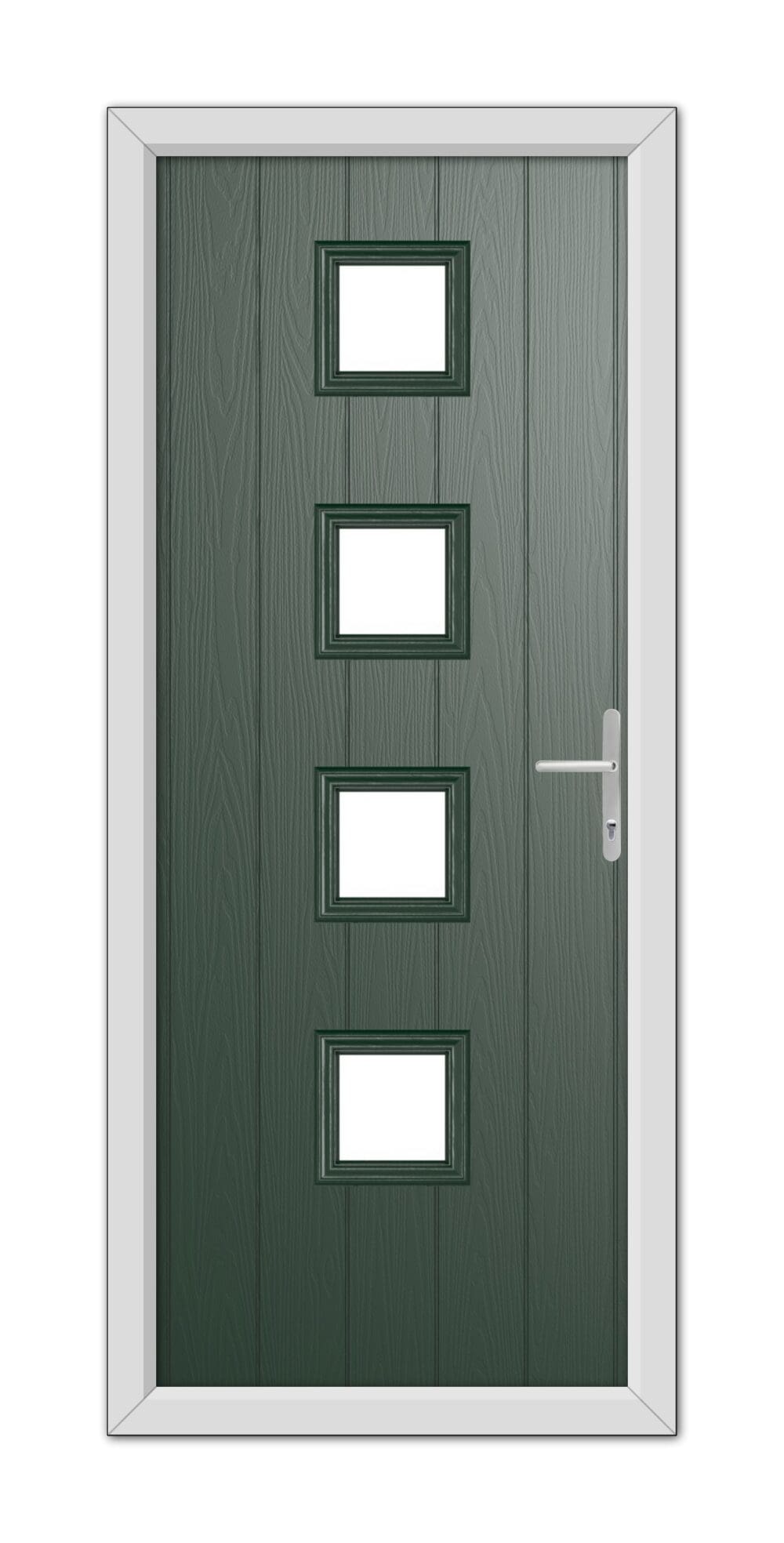 A modern Green Hamilton Composite Door 48mm Timber Core with a silver handle and four rectangular windows, set within a white frame.